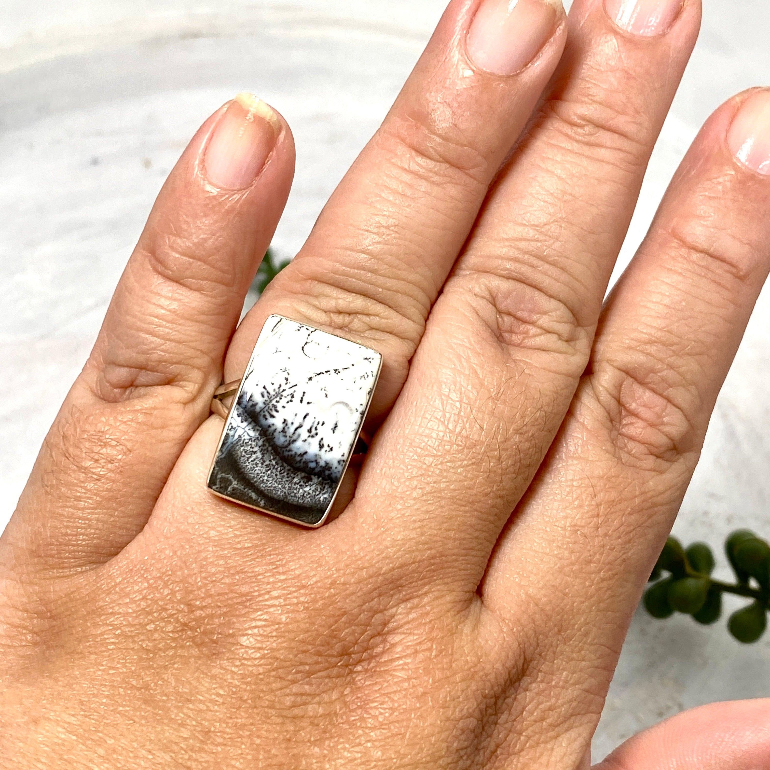 Dendritic Opal Rectangular Ring for Women - Size 10 - KRGJ2294 - Elegant Silver Jewelry for Everyday Wear, Special Occasions & Gift Giving