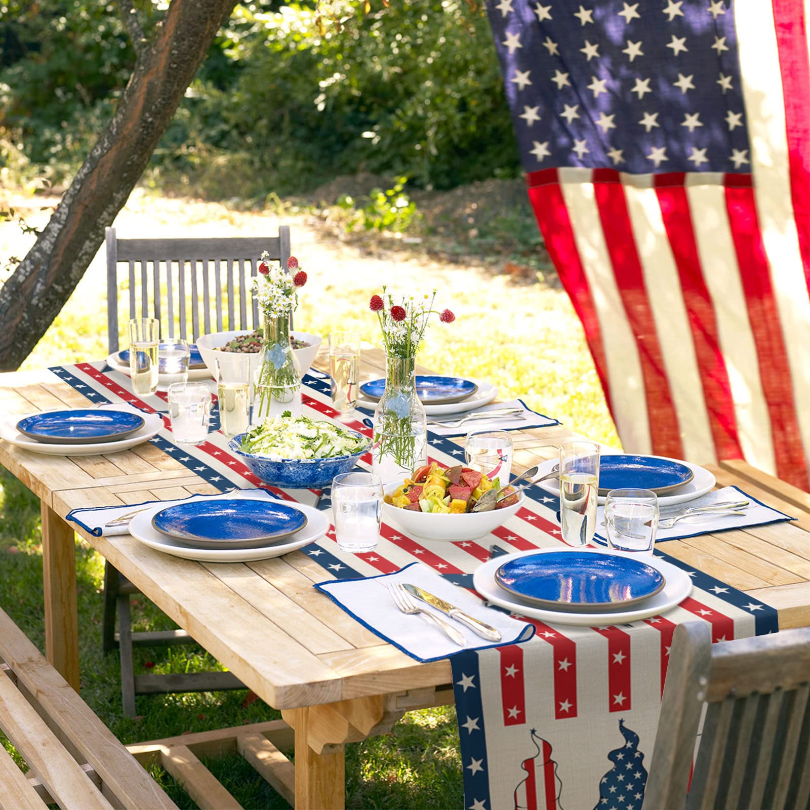 American Flag Day Gnome Table Runner - 13x90 Inch Patriotic Stripe & Star Design - Washable for Round, Kitchen, Coffee & Dining Tables - Perfect for Independence Day & Home Decor