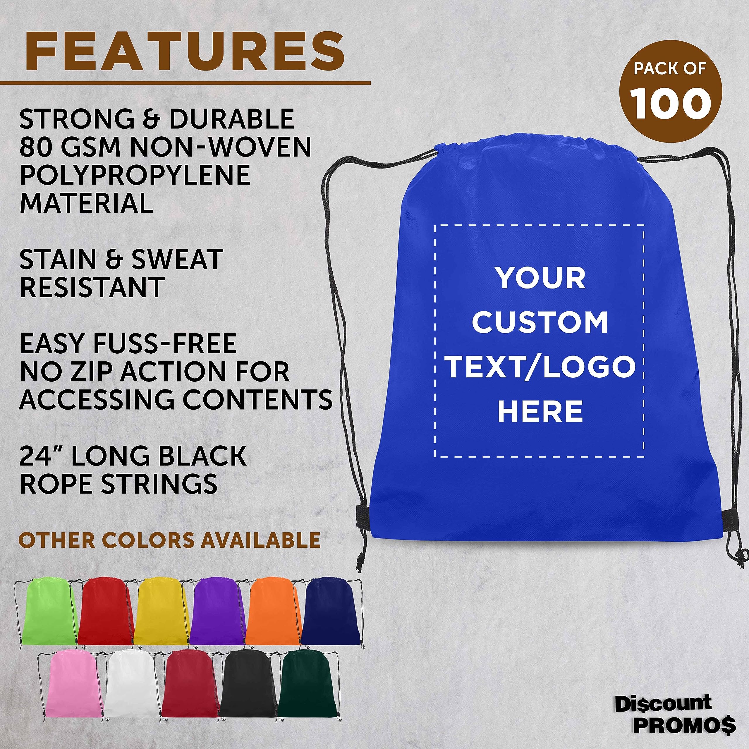 Custom Non-Woven Drawstring Backpacks Bulk Set of 100 - Personalized Promotional Bags for Travel, Gym, School & Everyday Use - Lightweight & Durable - Blue Backpacks - Perfect for Events, Giveaways & Branding