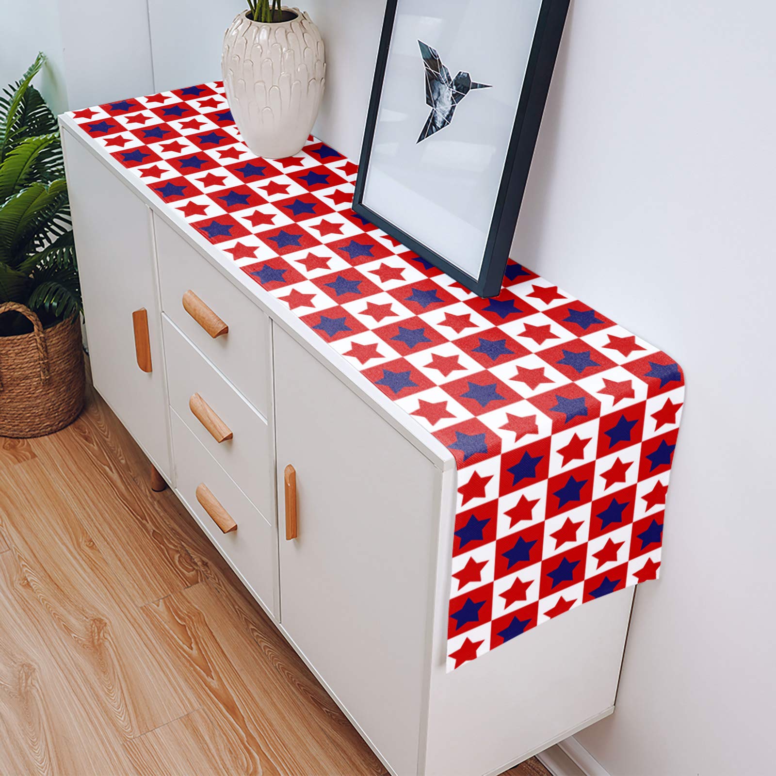 Patriotic Burlap Linen Table Runner 120 Inch - Red White Blue Buffalo Check Plaid Farmhouse Decor for Kitchen Dining Coffee Table | Perfect for 4th of July, Memorial Day Parties & Rustic Home Decor