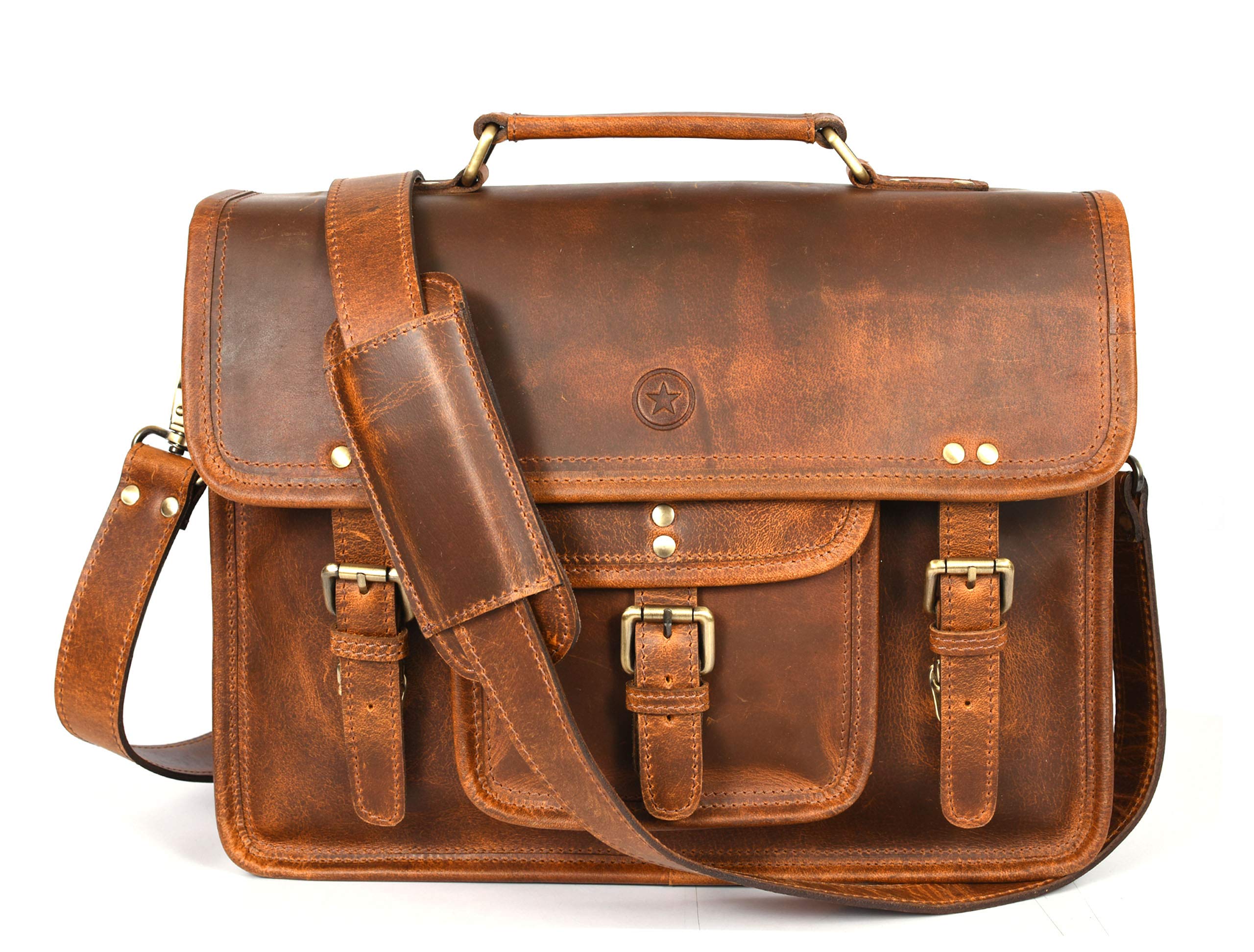 15 Inch Vintage Leather Messenger Bag for Men & Women - Genuine Leather Briefcase Laptop Bag with Adjustable Shoulder Strap - Aaron Leather Caramel Brown Satchel - Perfect for Office, Business Travel & College