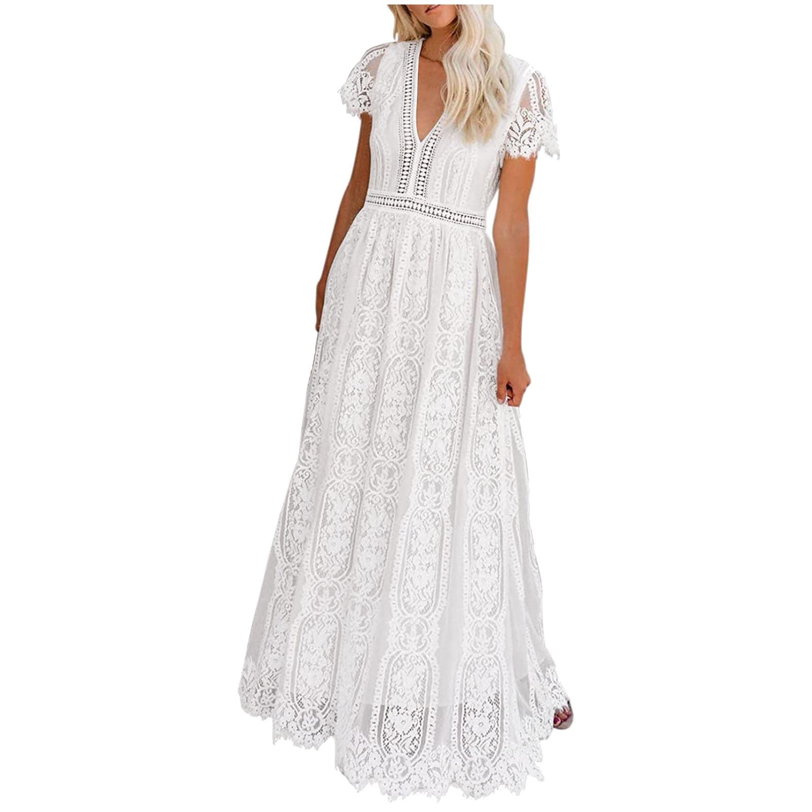 Sexy V-Neck Lace Long Dress for Women - Summer & Fall Formal Wedding Guest & Bridesmaid Dress with Short Sleeves | Perfect for Parties, Date Nights & Special Occasions