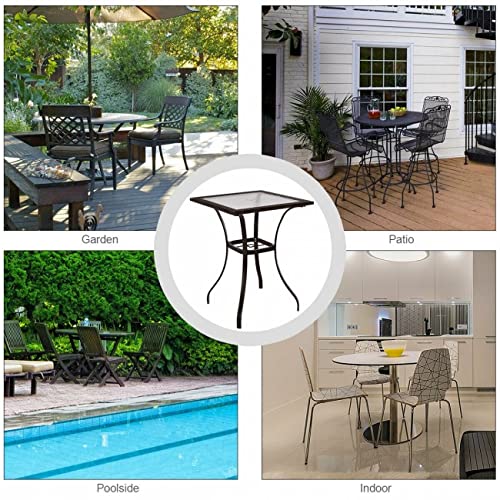 Rattan Bar Square Table with Glass Top & Steel Frame - Outdoor Bistro Table for Patio, Garden, Backyard - Perfect for Dining, Entertaining & Relaxing