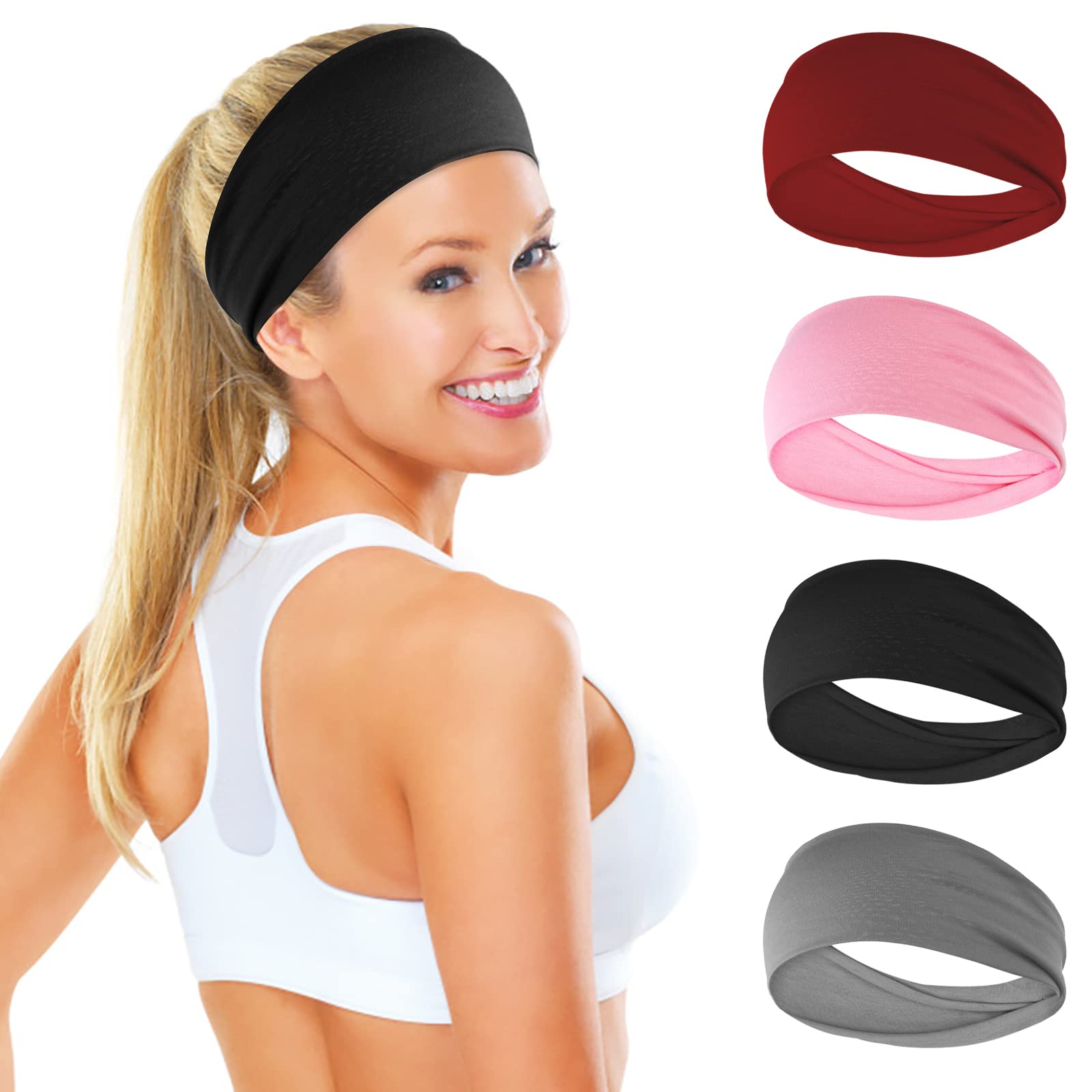 Sibba 4 Pack Women's Non-Slip Elastic Headbands - Sweat Wicking Yoga Headbands for Running, Workout, Exercise & Sports - Soft Hair Bands for Women & Girls (Great for Gym, Fitness, Tennis & Daily Use)