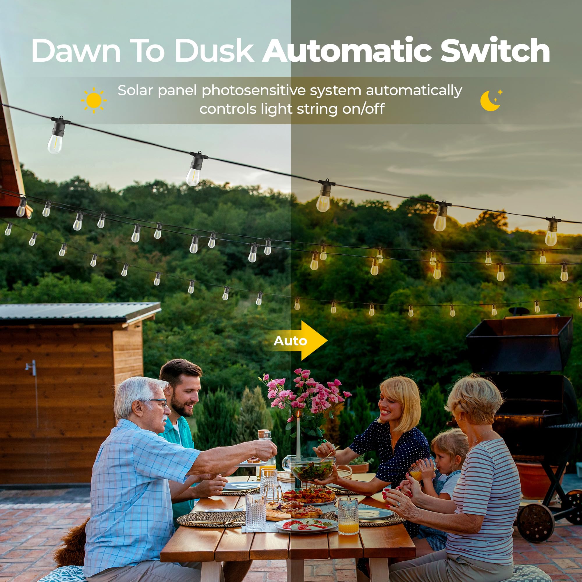 29FT Solar String Lights Outdoor - 10 S14 LED Edison Bulbs, IP65 Waterproof, Warm White, Solar Powered for Patio, Garden, Yard, Porch, Gazebo Decor - Perfect for Evening Gatherings & Outdoor Ambiance