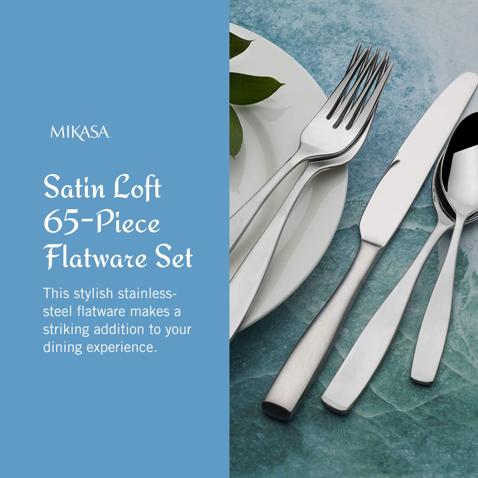 Premium Mikasa Satin Loft 65-Piece Flatware Set for 12 - 18/10 Stainless Steel Silverware with Serving Utensils - Elegant Dinnerware for Formal Dining, Weddings & Entertaining
