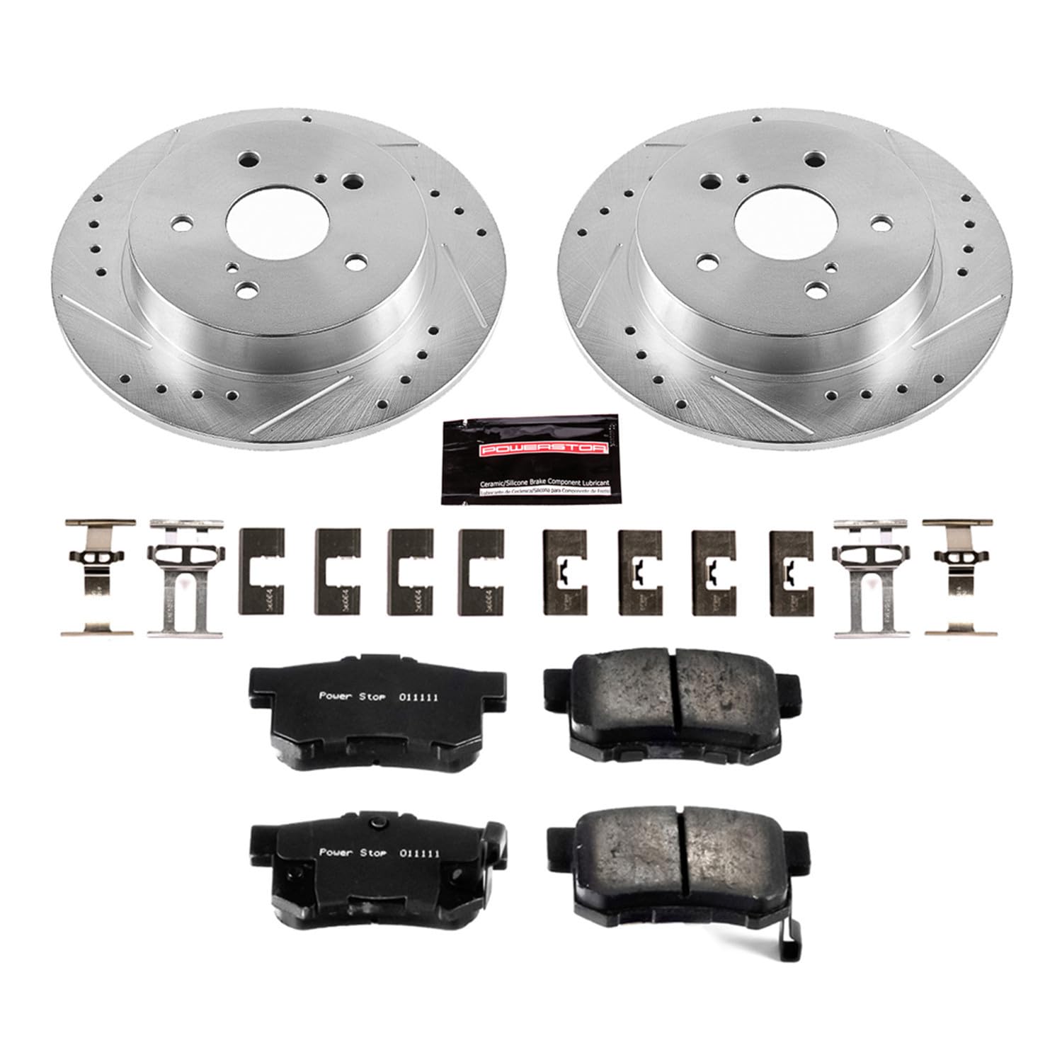 Power Stop K5889 Rear Z23 Carbon Fiber Brake Pads & Drilled Slotted Rotors Kit - Compatible with Suzuki SX4 2007-2013 | High-Performance Braking for Daily Commuting & Mountain Driving