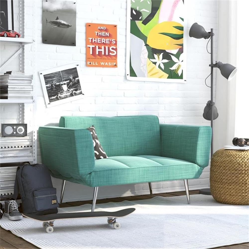 Allora Upholstered Futon with Storage in Teal Green - Convertible Sofa Bed for Small Spaces, Guest Room & Dormitory