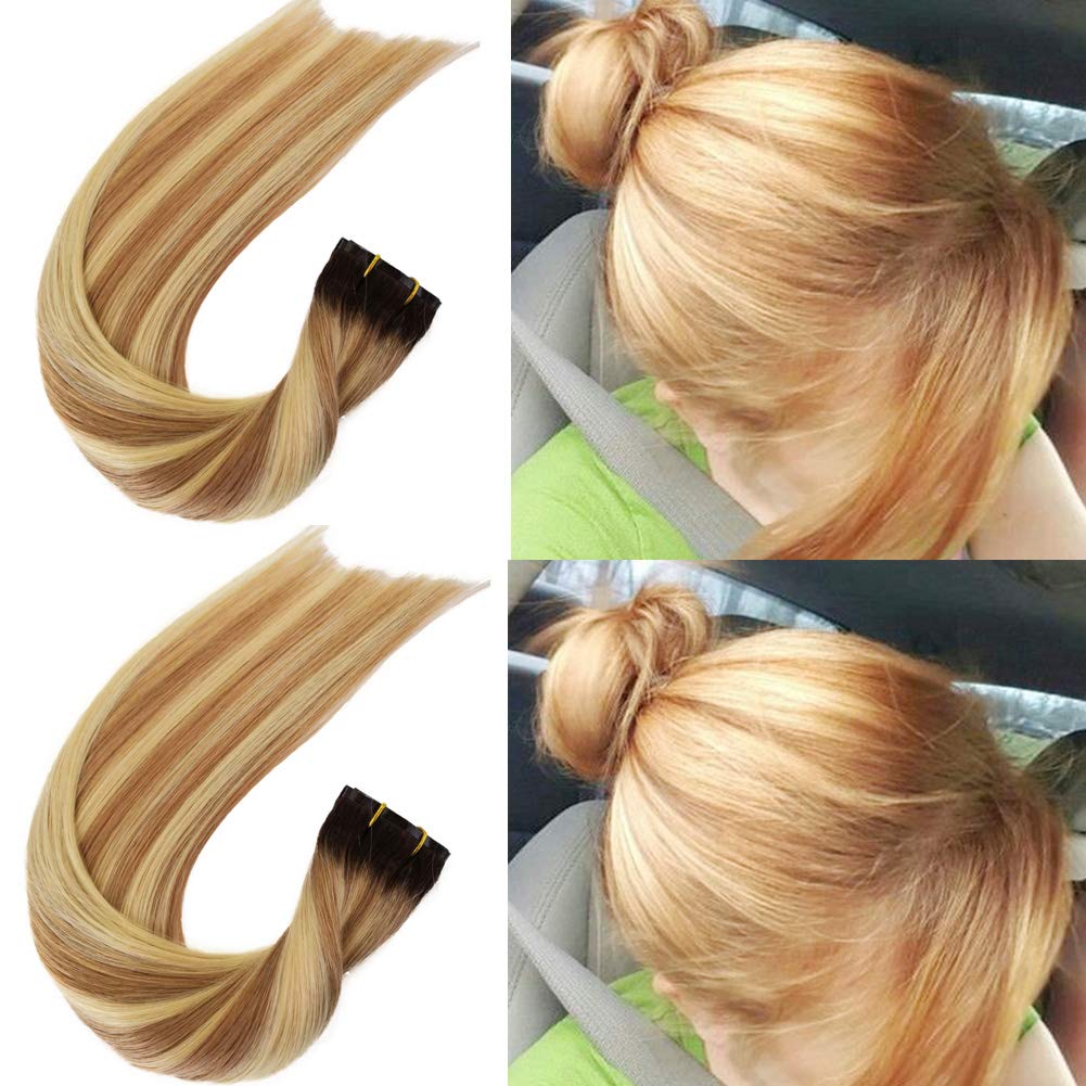 Premium Clip-In Human Hair Extensions 14 Inch - Seamless PU Skin Weft, Remy Hair, Balayage Golden Brown & #613 Bleach Blonde Highlights for Women | Natural Look for Parties, Weddings & Daily Styling