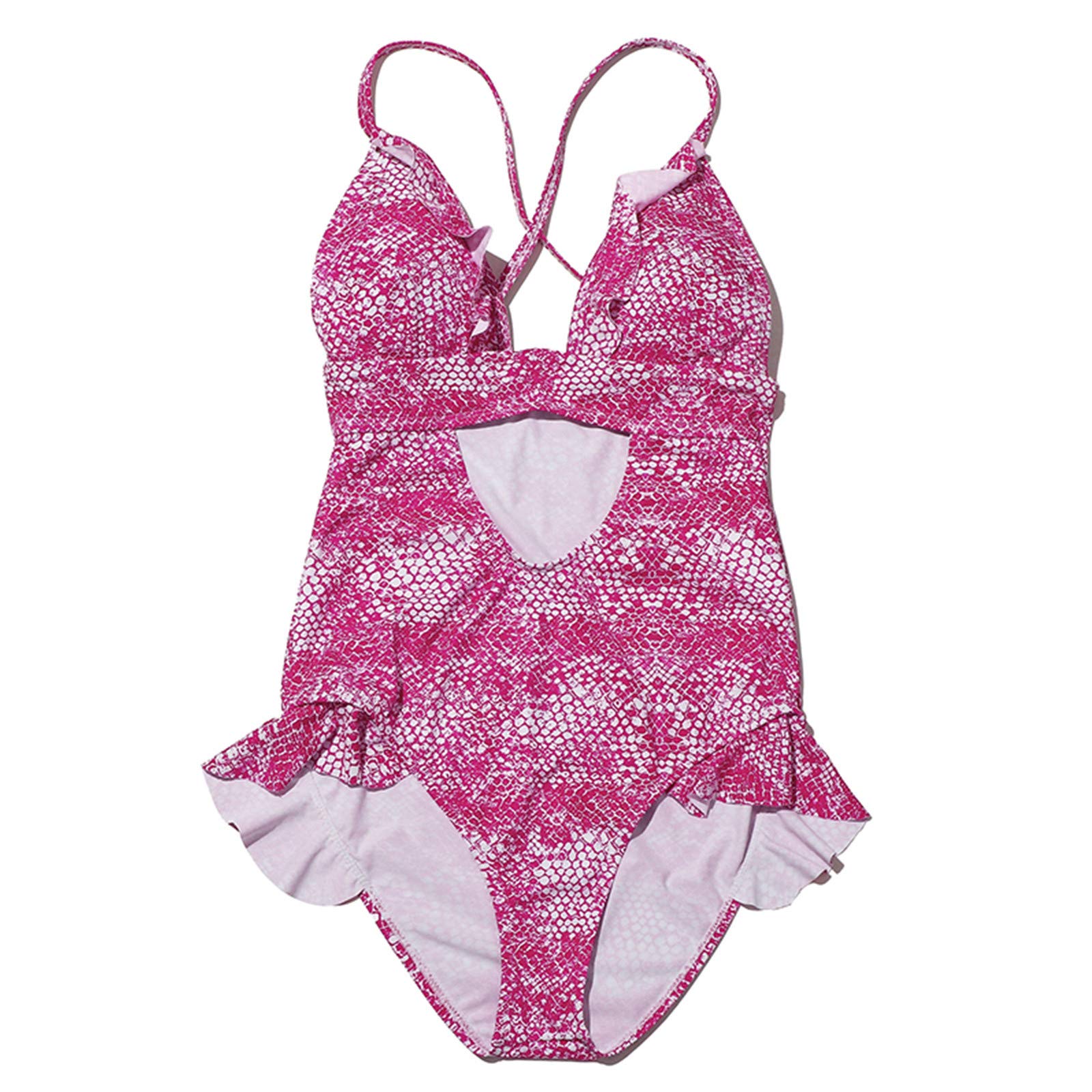 Sexy Snake Print One-Piece Swimsuit for Women - Ruffled Hollow Cross Design Tankini Set | Perfect for Beach Vacation, Pool Party & Summer Swimwear Fashion