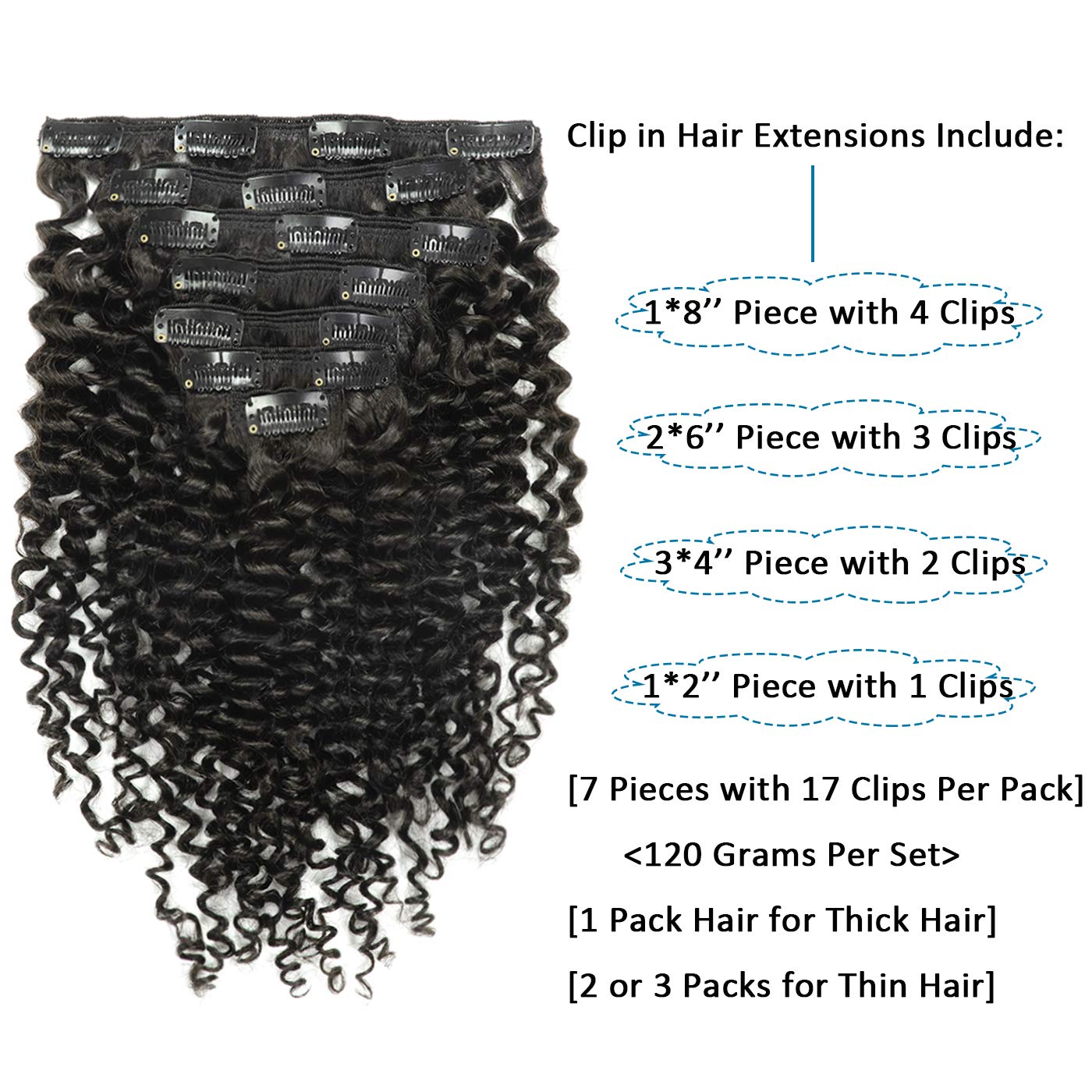 Caliee 16-Inch Jerry Curly Clip-In Human Hair Extensions - Natural Black 1B Remy Hair, Double Weft Thick Ends (7Pcs/17 Clips, 120g) for 3B/3C Curls | Perfect for Parties, Weddings & Daily Styling