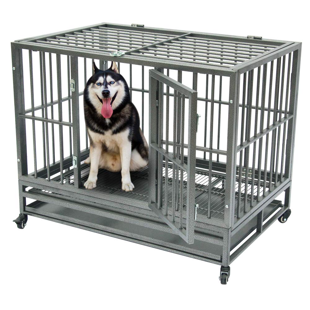 42 Inch Heavy Duty Folding Dog Crate with Wheels - Double Door Metal Pet Kennel with Divider Panel & Secure Double Latch - Large Square Tube Animal Cage for Medium to Large Dogs - Perfect for Home, Travel & Training (Gray)