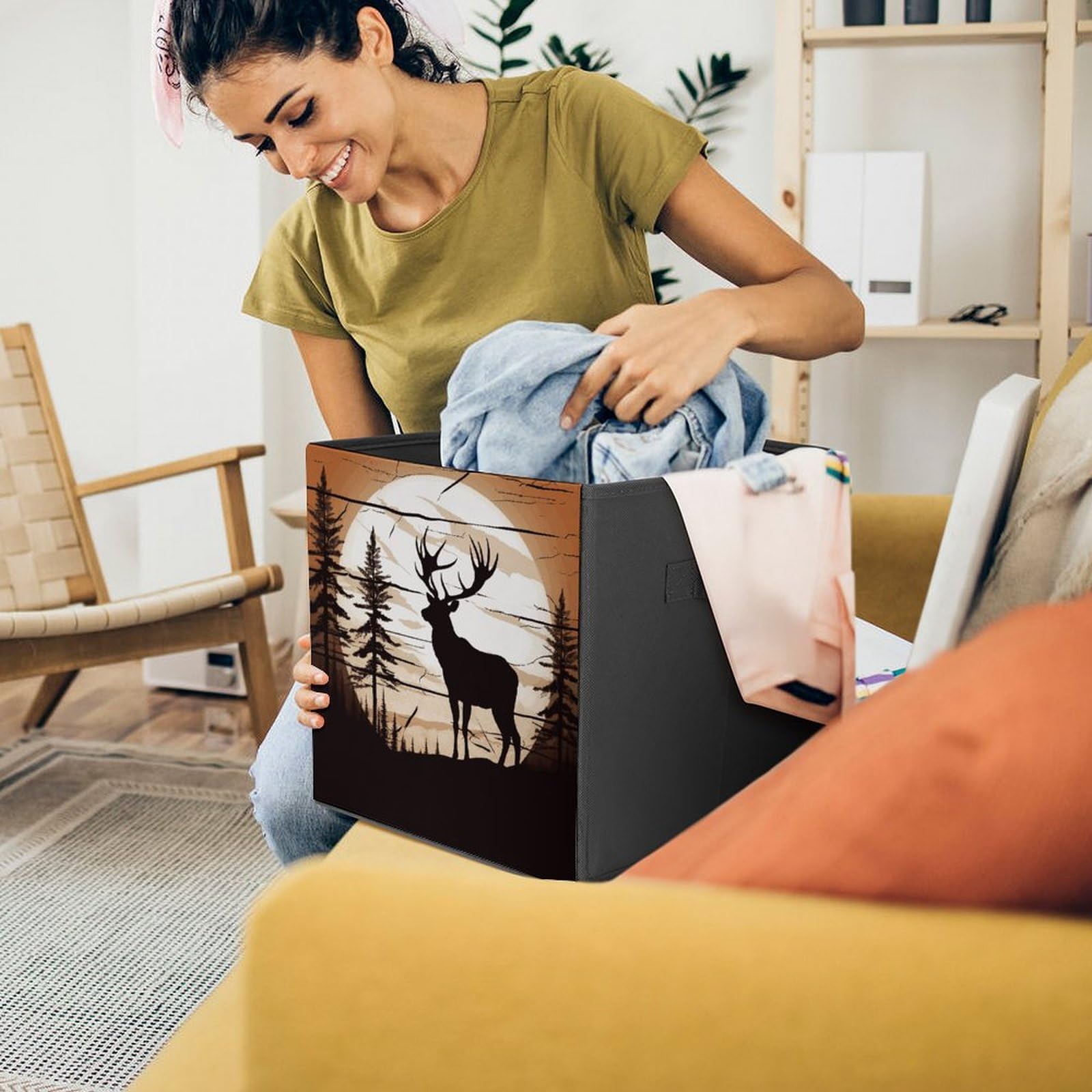 Wild Elk Silhouette Printed Storage Baskets - 2 Pack Fabric Storage Bins for Home Organization | Closet, Nursery, Laundry Room & Office Storage Solutions