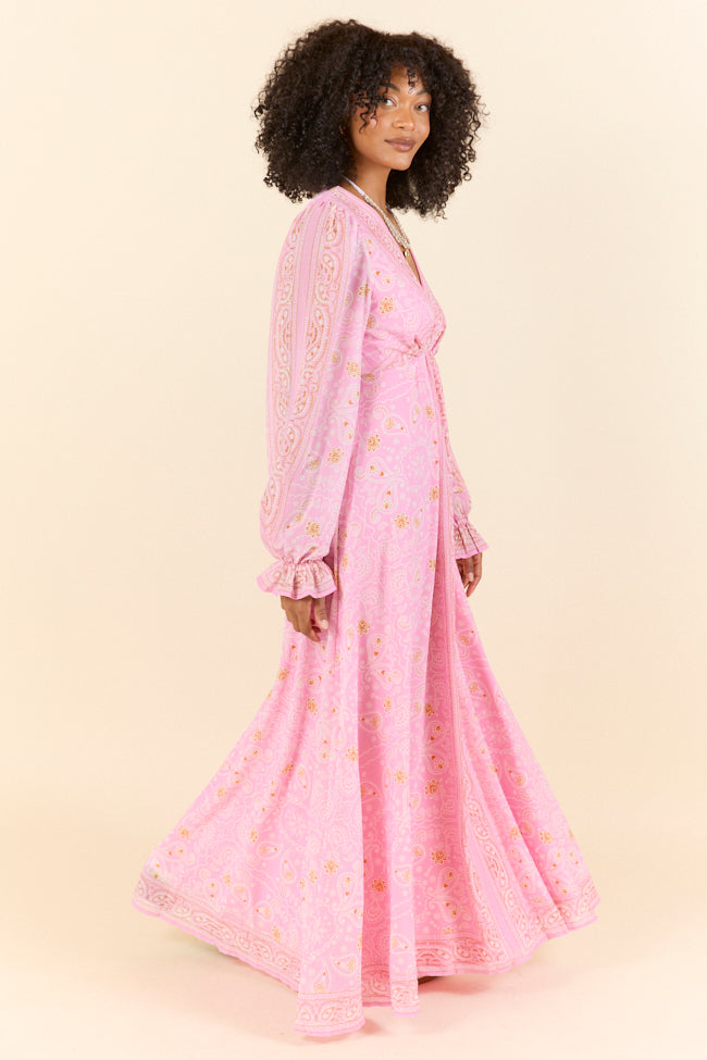 Stylish Rustic Rose Pink Bandana Print Maxi Dress - Flowy & Comfortable for Summer, Beach, and Boho Fashion