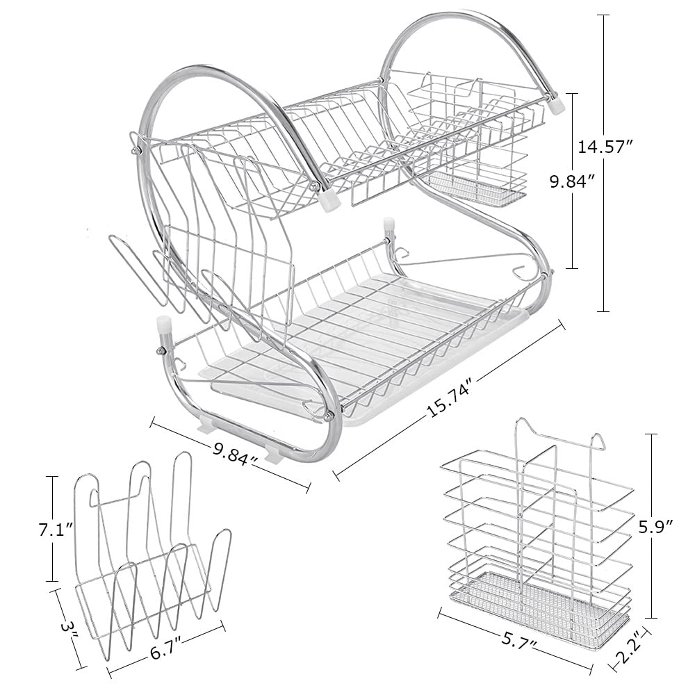 2-Tier Stainless Steel Dish Drying Rack for Kitchen Counter - Rustproof Dish Drainer with S-Shaped Design, Drain Board, Utensil & Cup Holder (15.75