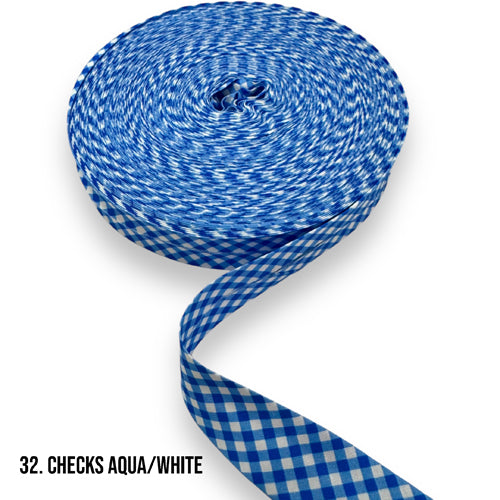 1 Inch (25mm) Aqua & White Checkered Bias Binding Tape - Perfect for Quilting, Sewing, and DIY Craft Projects