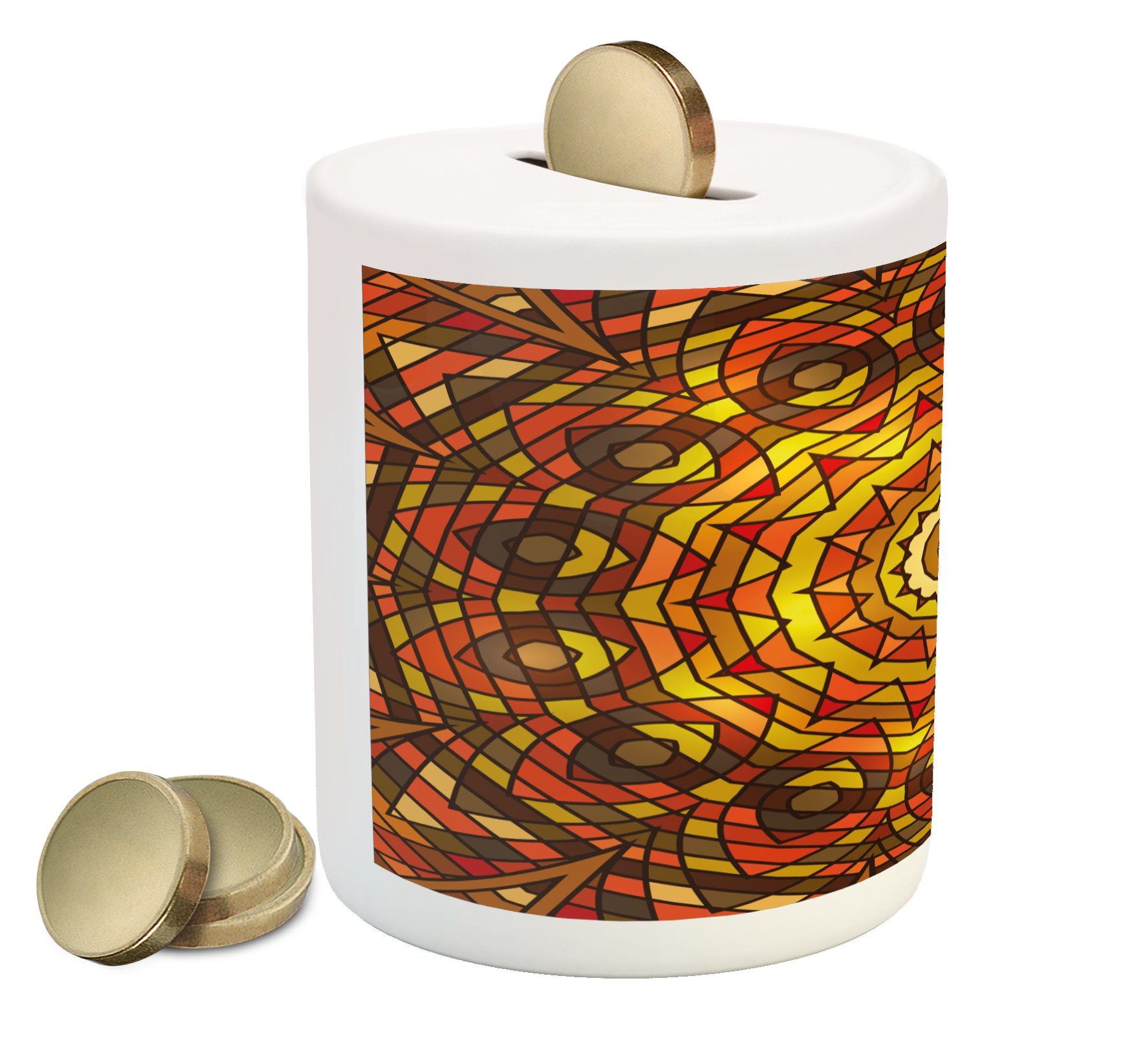 Ambesonne Celtic Ceramic Piggy Bank - Round Coin Money Box with Spiral Celtic Motif in Red & Yellow | Victorian Style Cash Saving for Kids & Adults | Perfect for Birthday Gifts, Home Decor, and Coin Collection