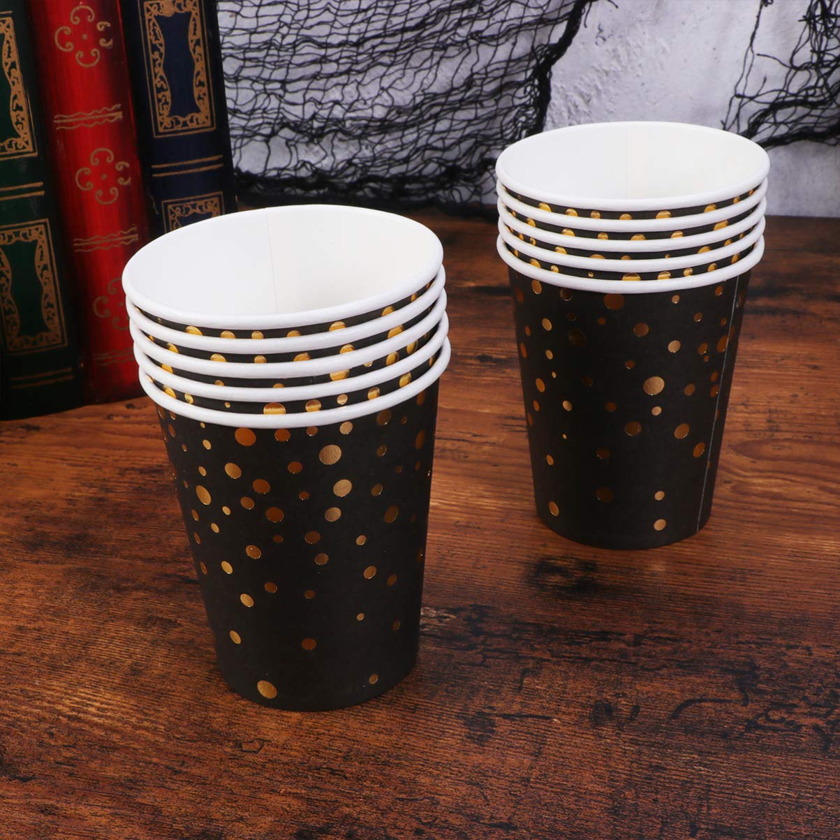 Eco-Friendly Gold Dot Disposable Paper Cups - 10-Pack Black Party Cups for Weddings, Birthdays & Anniversaries | Elegant Decor, Sustainable Choice for Celebrations & Events