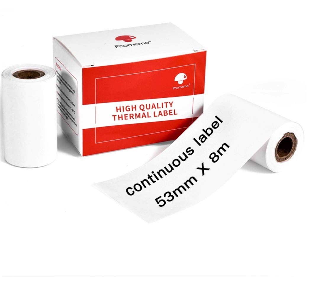 Phomemo M200/M220 Label Printer Compatible - 53mm x 8m White Continuous Non-Adhesive Label Paper (2 Rolls) - Perfect for Shipping Labels, Product Tags & Office Organization