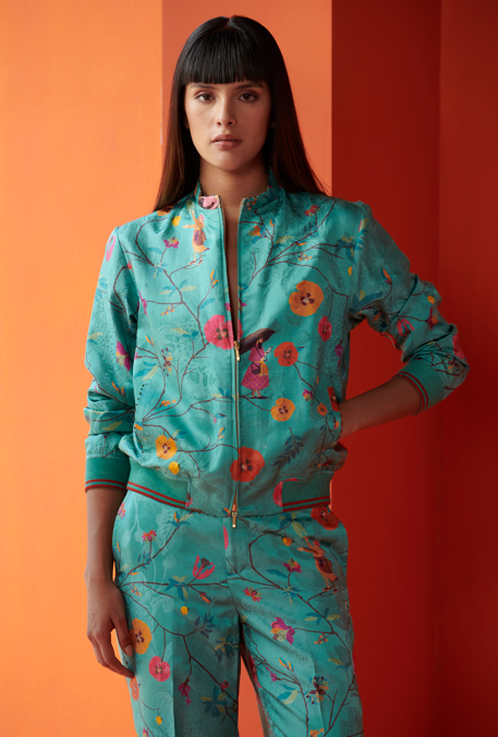 Janbaaz Men's Silk Bomber Jacket - Aqua Damask Print Lightweight Casual Coat for Spring & Fall | Perfect for Outdoor Activities, Travel, and Streetwear Fashion