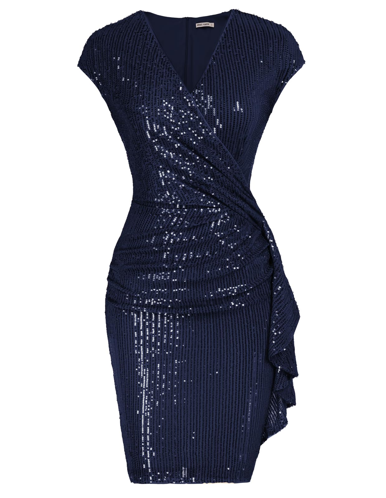 GRACE KARIN Women's Sequin Party Dress - UK Size, Cap Sleeve V-Neck Ruffled Mini Bodycon Dress for Evening, Wedding Guest, Prom, Cocktail & Special Occasions