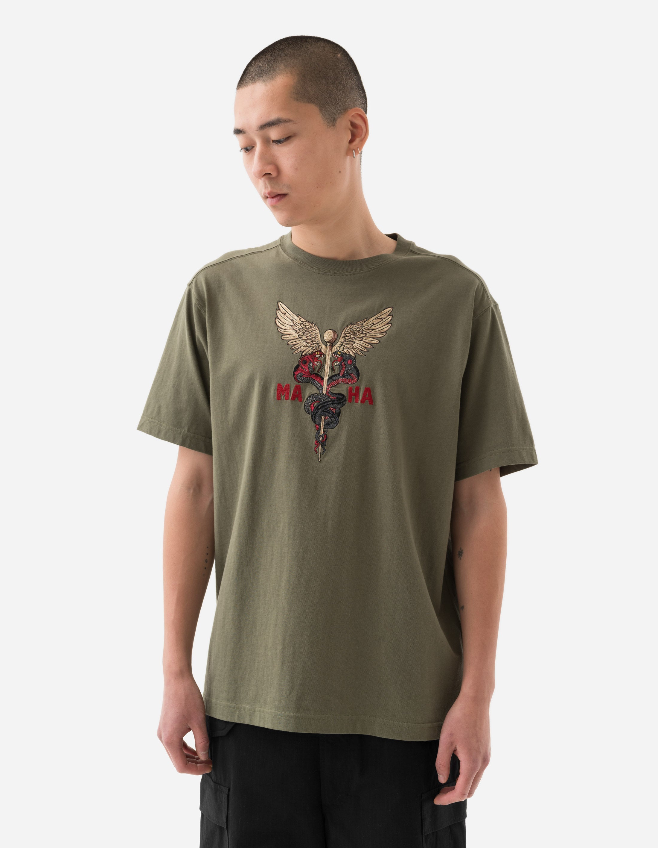 6012 Caduceus Monk T-Shirt - Olive Green Vintage Style Tee for Men | Casual Wear, Street Fashion & Yoga Outfit