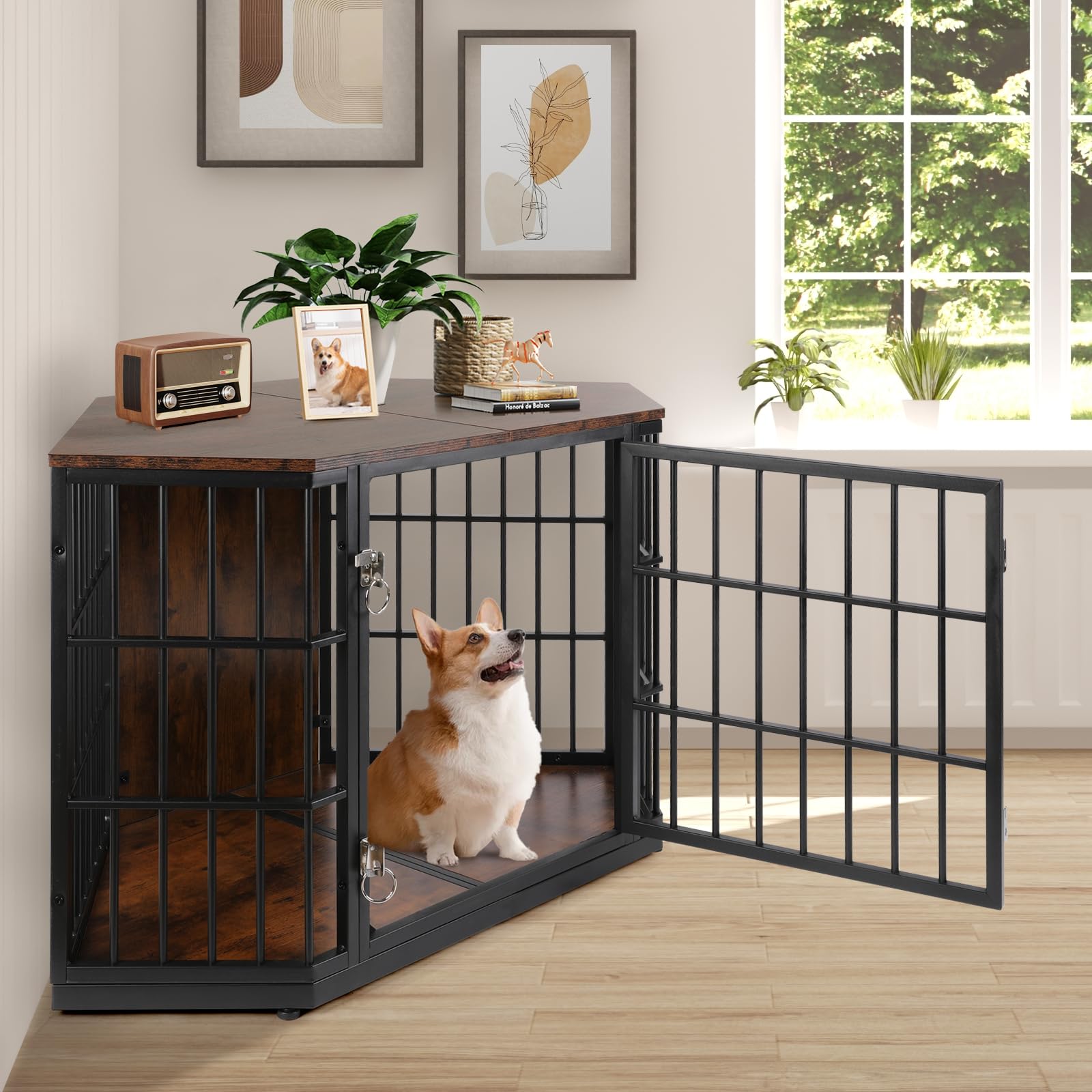 VOWNER 47 Inch Wooden Dog Crate Furniture - Corner Kennel End Table for Medium Dogs | Indoor Pet Crate with Wide Top | Space-Saving Design for Small Rooms | Perfect for Living Room, Bedroom or Office (Brown)