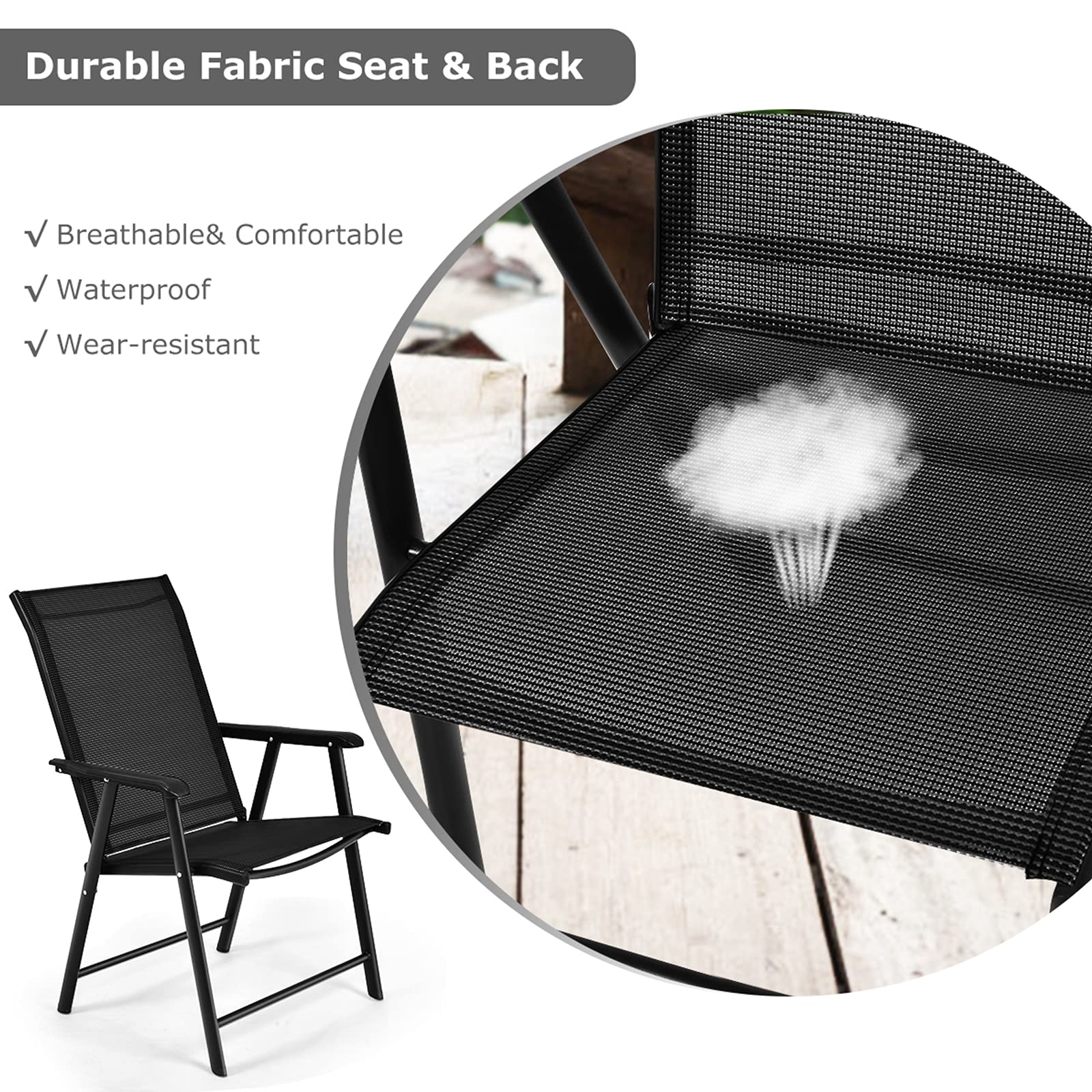 SAFSTAR 4-Pack Black Foldable Outdoor Sling Chairs with Armrests - Patio, Lawn, Garden, Backyard, Poolside & Porch Seating - Heavy Duty Folding Chairs for Camping, Picnics, Beach & BBQs
