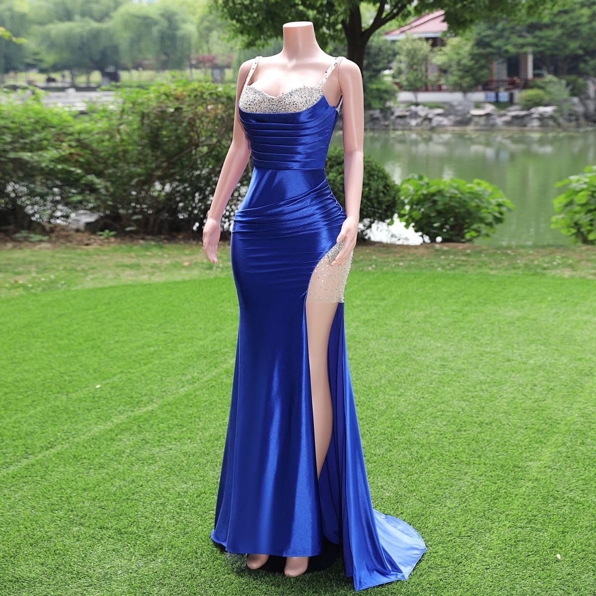 Royal Blue Mermaid Prom Dress with Spaghetti Straps & Beaded Satin - Sexy Split Skirt Evening Gown for Homecoming, Pageant & Formal Parties