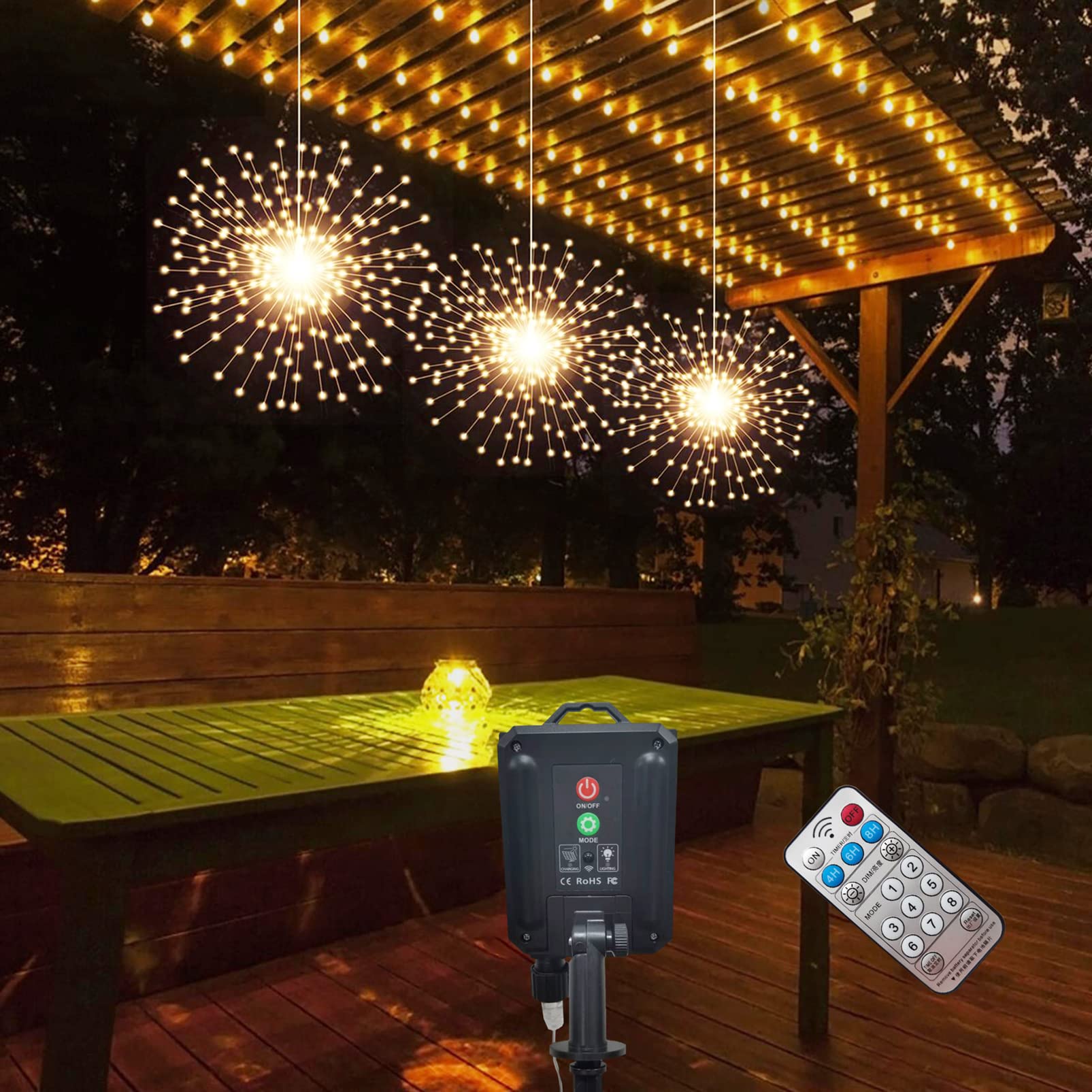 3 Pack 600 LED Solar Starburst Sphere Lights with Remote Control - 8 Modes Dimmable Waterproof Hanging Fairy Lights for Outdoor Patio, Garden, Christmas, Party & Wedding Decor (Warm White)