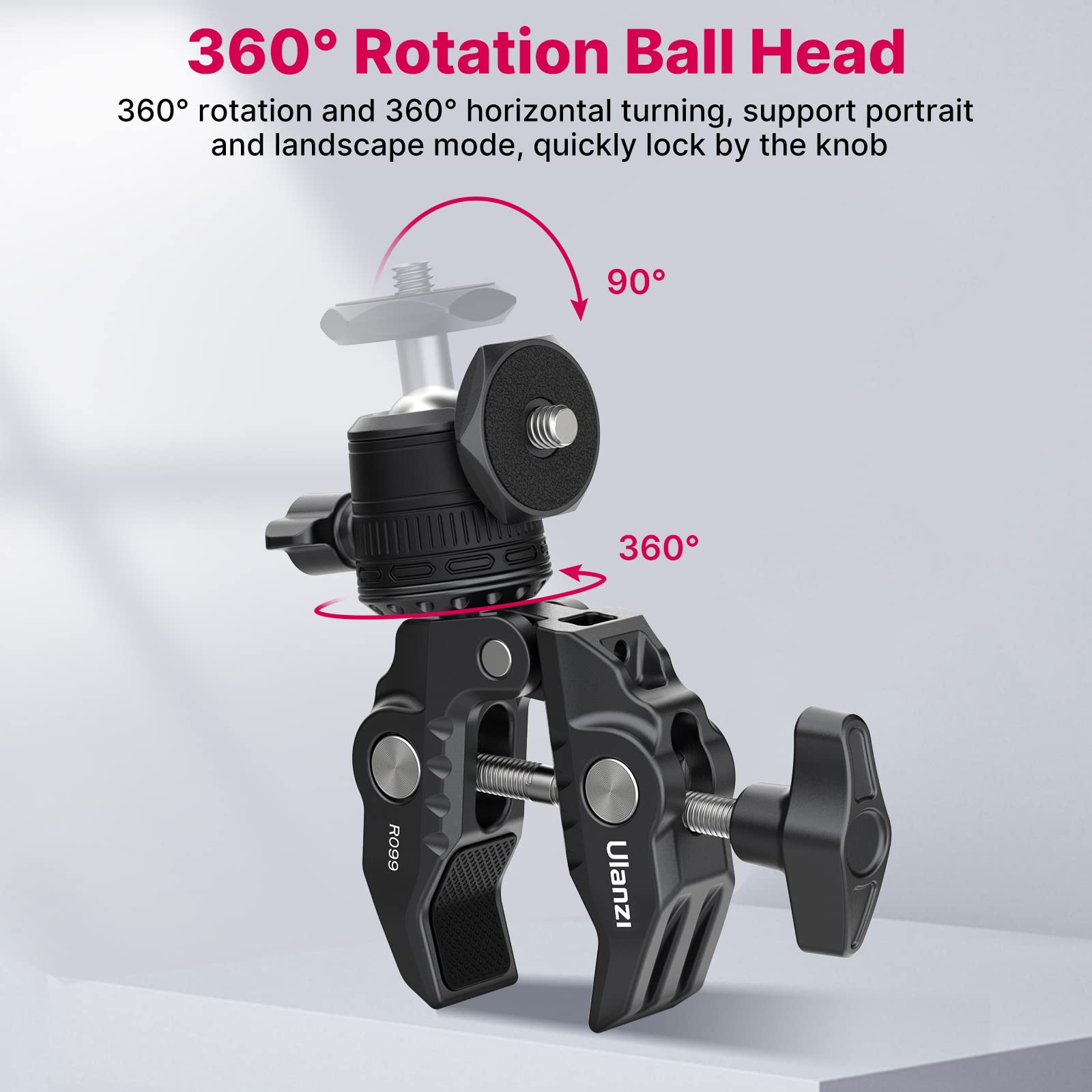 ULANZI R099 360° Ball Head Super Clamp Mount for Action Cameras - Compatible with AKASO, DJI Osmo, DSLR & Camera Monitors - Perfect for Bike, Motorcycle Handlebar & Vlogging Accessories