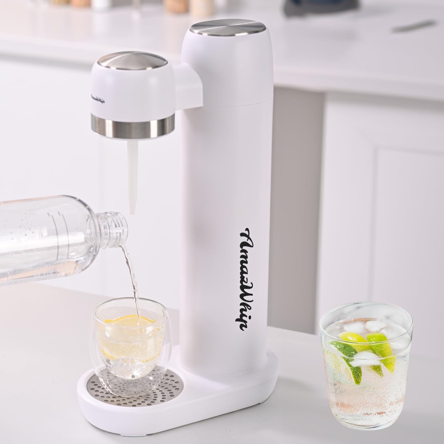 Sparkling Water Maker Machine - Portable Household Soda Maker with Threaded CO2 Gas Cylinders for Homemade Carbonated Drinks | Perfect for Kitchen, Office, Parties & Healthy Hydration (White + 2 Canisters)