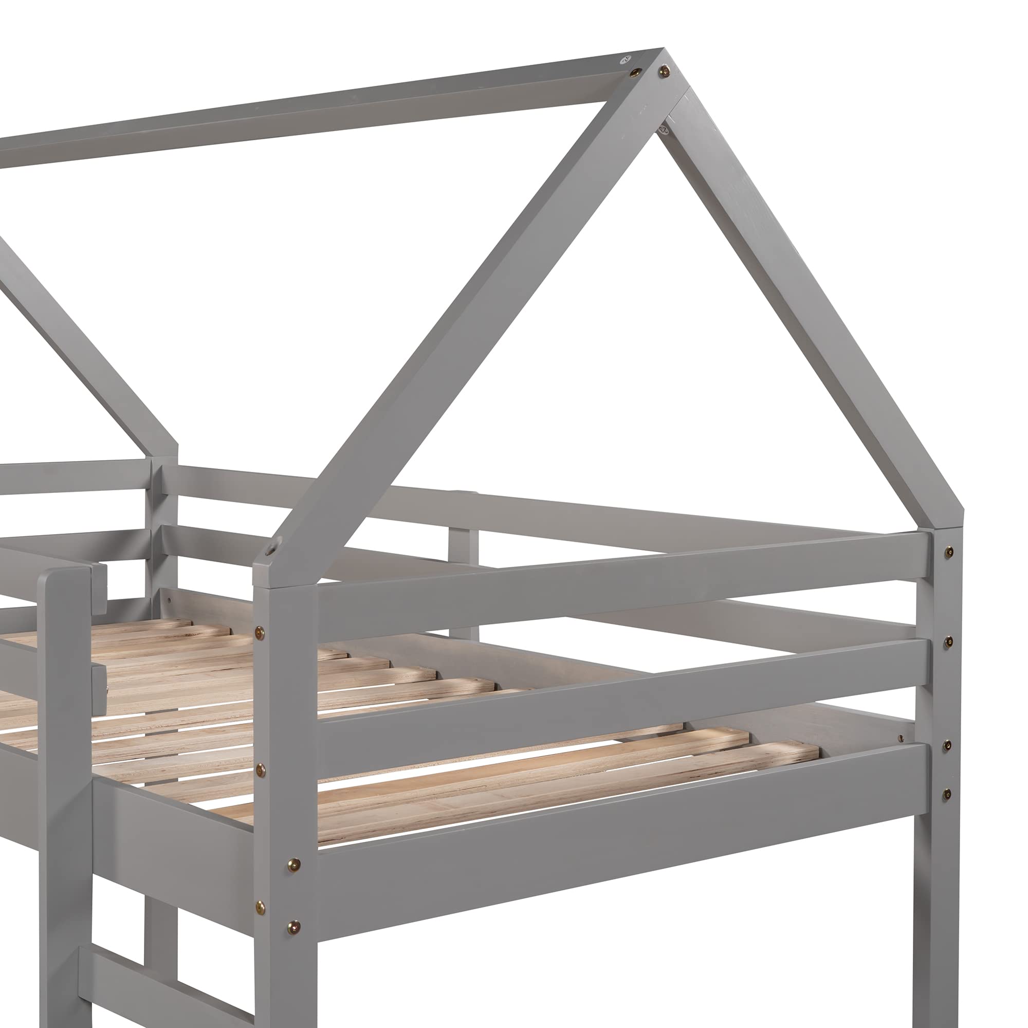 TRIPLE TREE Twin Size Wooden Loft Bed with Slide - House Shaped Bed Frame with Roof, Ladder & Safety Guardrails for Kids & Teens - No Box Spring Needed (Grey) - Perfect for Small Bedrooms, Playrooms & Dorm Rooms