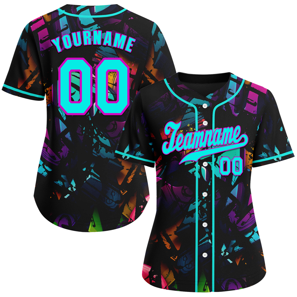 Custom Colorful Graffiti Pattern Aqua Authentic Baseball Jersey - Breathable & Stylish for Sports, Streetwear & Fan Events - Perfect for Baseball Games, Casual Wear & Gift Giving