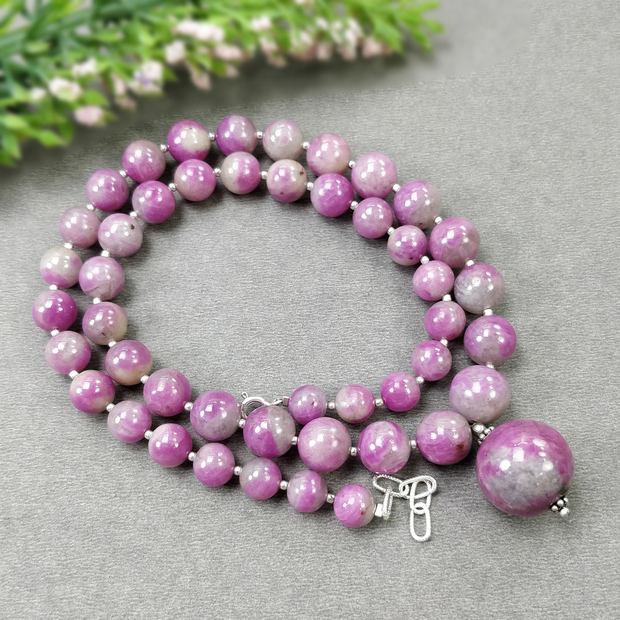 Natural Untreated Bi-Color Zoisite Ruby Gemstone Necklace - 341.95cts with 925 Sterling Silver (7.5mm, 17mm, 19mm) | Elegant Jewelry for Women, Perfect for Weddings, Parties & Special Occasions
