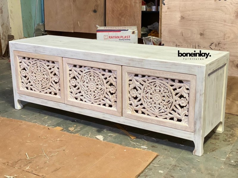 Hand Carved Floral Wooden Media Console - Rustic TV Stand with Storage Shelves for Living Room, Bedroom & Home Theater Decor