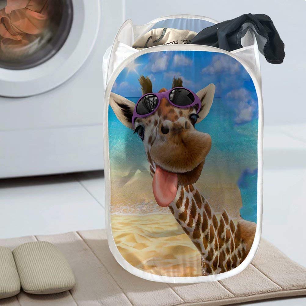 Funny Giraffe Print Pop-Up Mesh Laundry Hamper - Foldable Clothes Basket with Side Pocket, Odor & Moisture Proof, Durable Handles (14.5x24.5in) - Perfect for Kids' Room, Dorm, Bathroom & Closet Organization