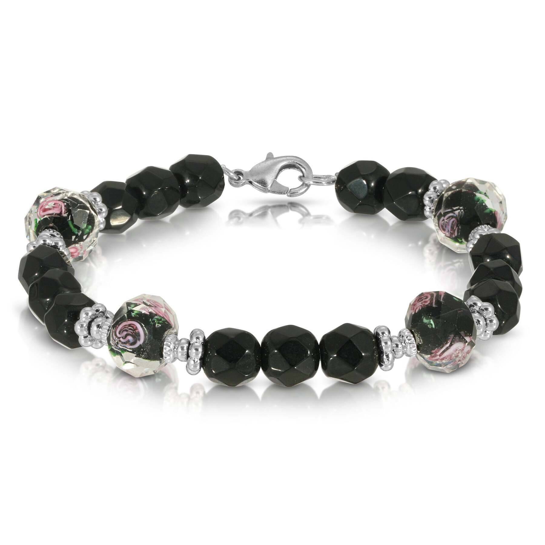 1928 Jewelry Black Floral Beaded Bracelet for Women - Vintage Style Adjustable Chain Bracelet - Perfect for Parties, Weddings & Everyday Wear