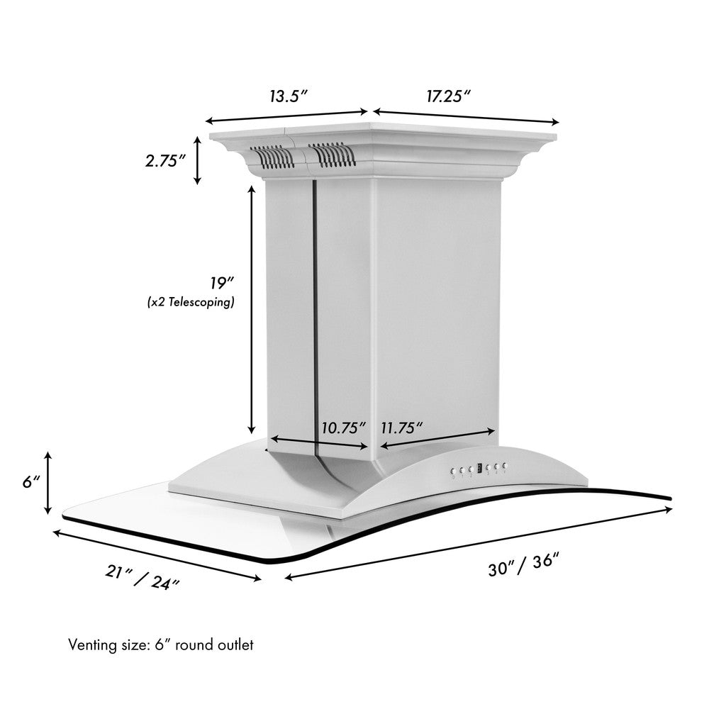 ZLINE GL9iCRN BT Stainless Steel Island Mount Range Hood with Built-in CrownSound Bluetooth Speakers - Premium Kitchen Ventilation for Modern Homes, Perfect for Cooking & Entertaining