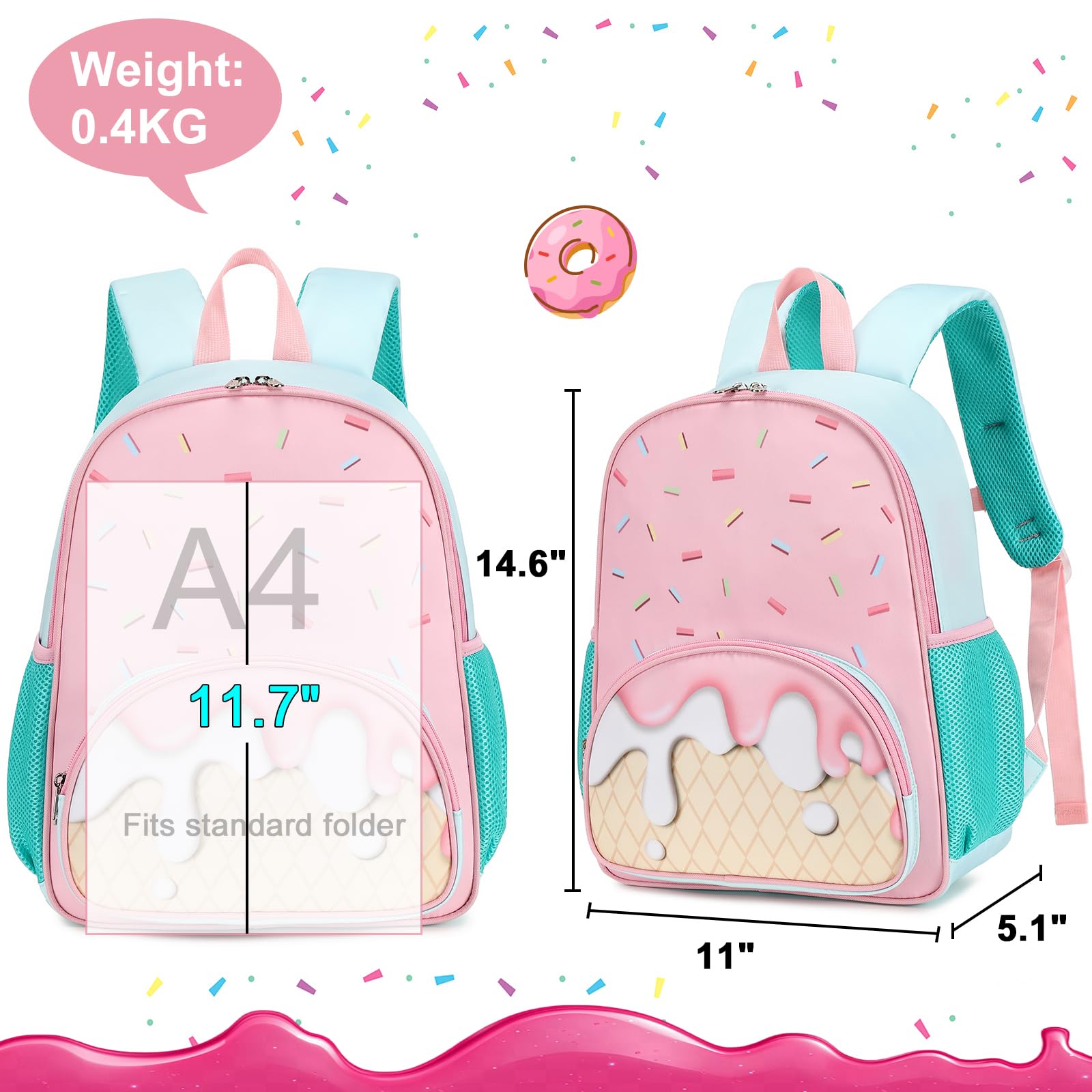 BTOOP Kids Backpack for Girls - Ice Cream Design School Bag for Preschool & Kindergarten