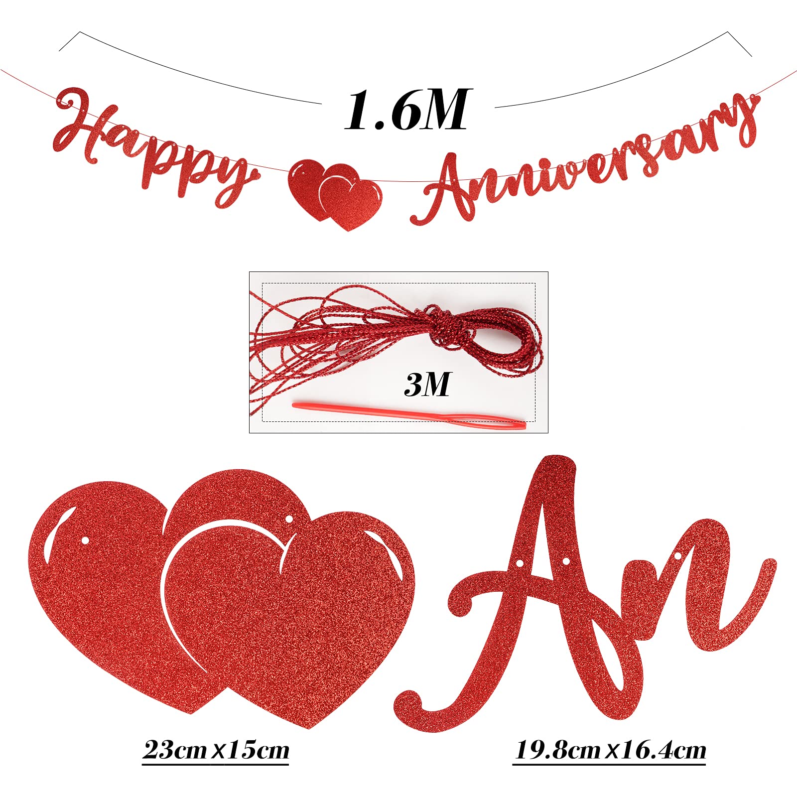 BETESSIN Happy Anniversary Banner - Glitter Paper Garland Bunting with Red Heart Photo Props for Wedding & Anniversary Decorations - Perfect for Party, Ceremony & Romantic Events - Red