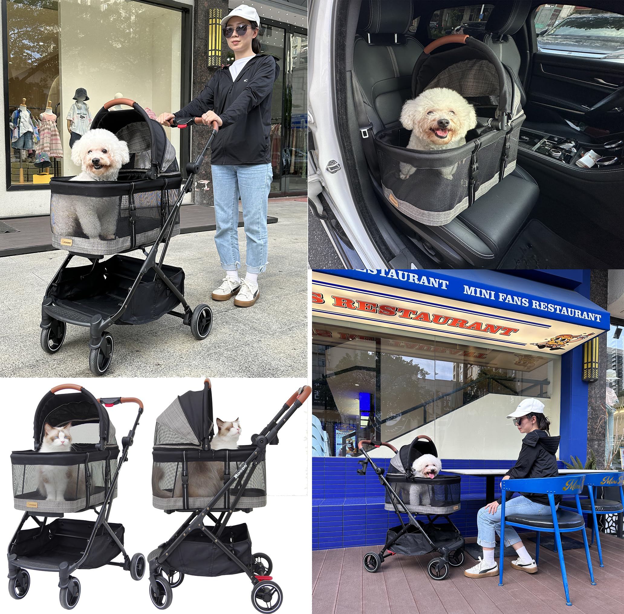 ROODO 3-in-1 Pet Stroller for Dogs & Cats up to 30 lbs - Lightweight Folding Travel Carrier with Detachable Car Seat - All-Terrain Puppy Stroller in Grey Lattice | Perfect for Vet Visits, Shopping Trips & Outdoor Adventures
