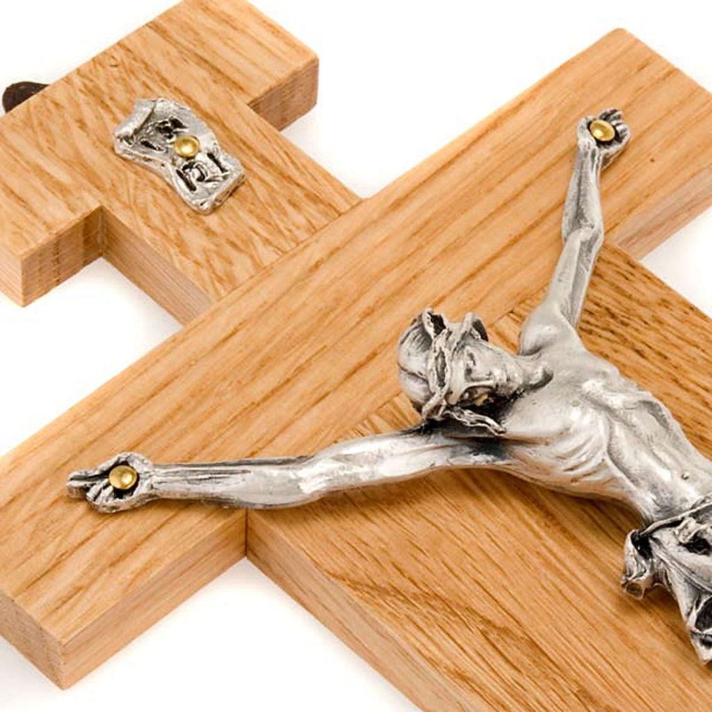 Holyart Oak Wood Crucifix with Silver Body - 23cm Religious Cross for Home, Church & Prayer Decor