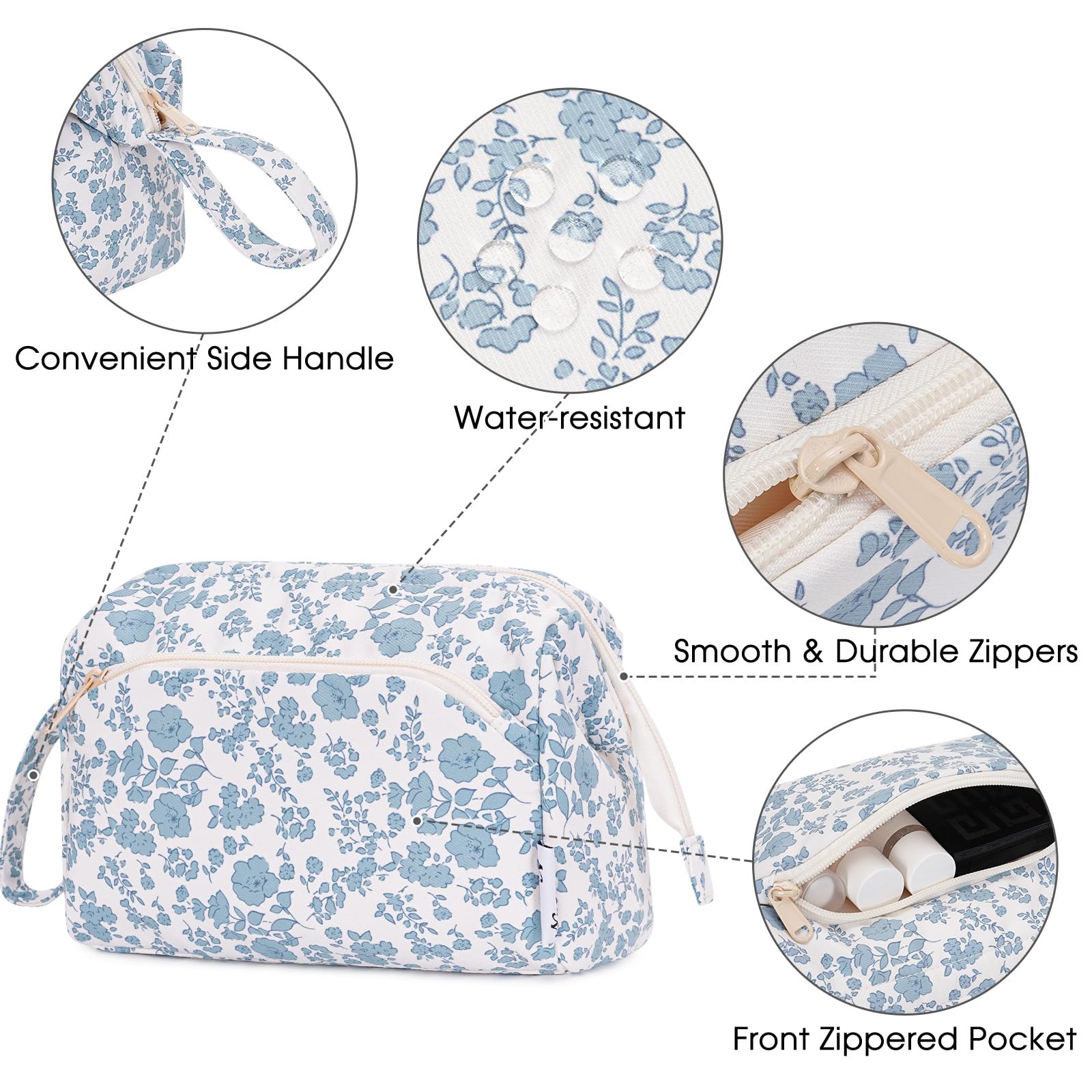 Narwey Floral Makeup Bag - Large Open Cosmetic Organizer for Travel, Toiletry Storage & Beauty Accessories (Little Blue Flower) - Perfect for Travel, Gym, Home & Daily Use