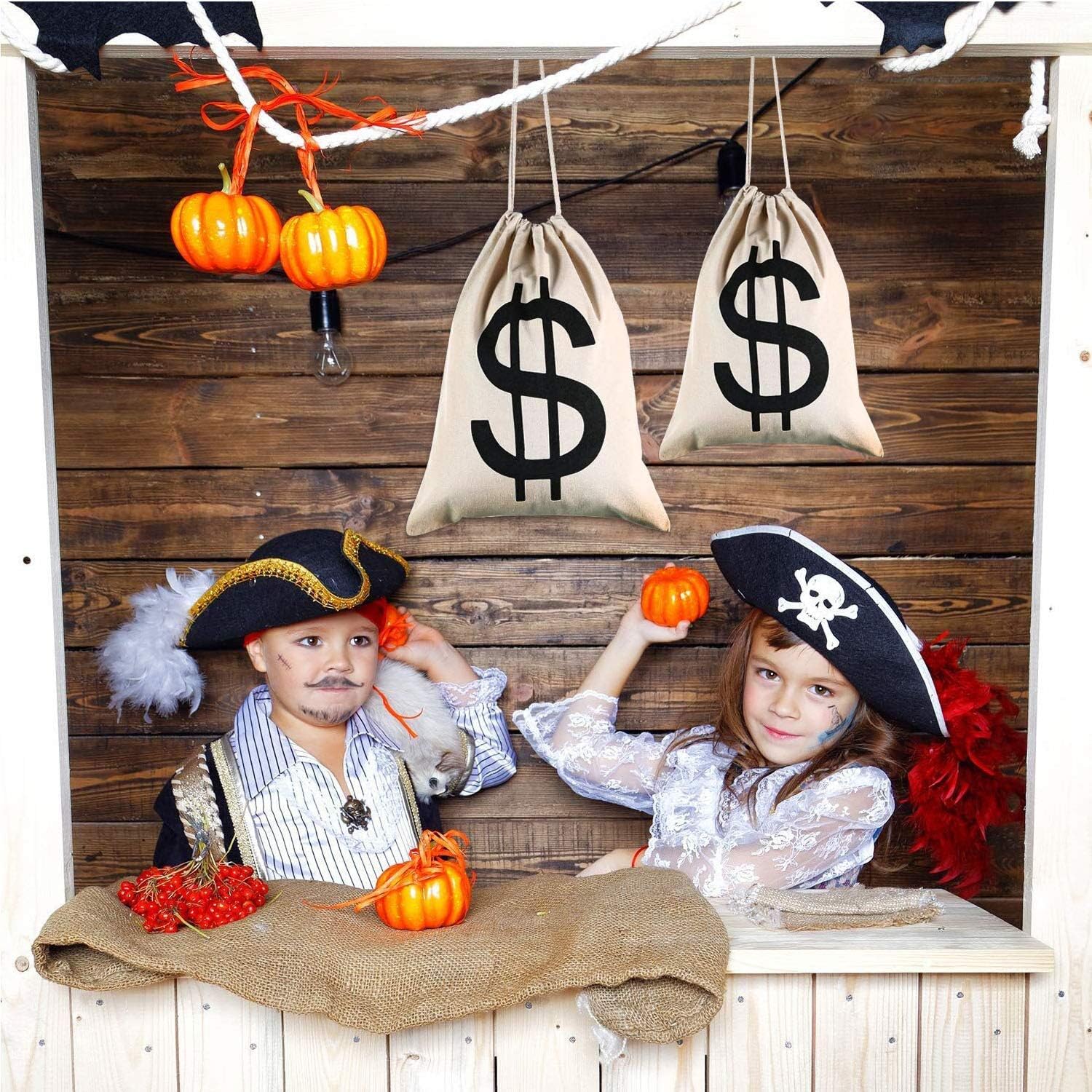 Canvas Money Bags with Drawstring - Bank Robber Props with Eyes & Mustache Masks for Halloween Cosplay, Themed Parties & Stage Performances