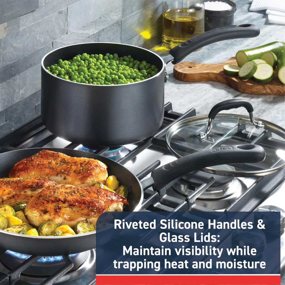 T-fal Experience 12-Piece Nonstick Cookware Set - Induction Compatible, Oven & Broiler Safe to 350°F - Includes Fry Pans, Saucepan, Stockpot & Kitchen Utensils - Dishwasher Safe Black Cookware for Everyday Cooking & Family Meals