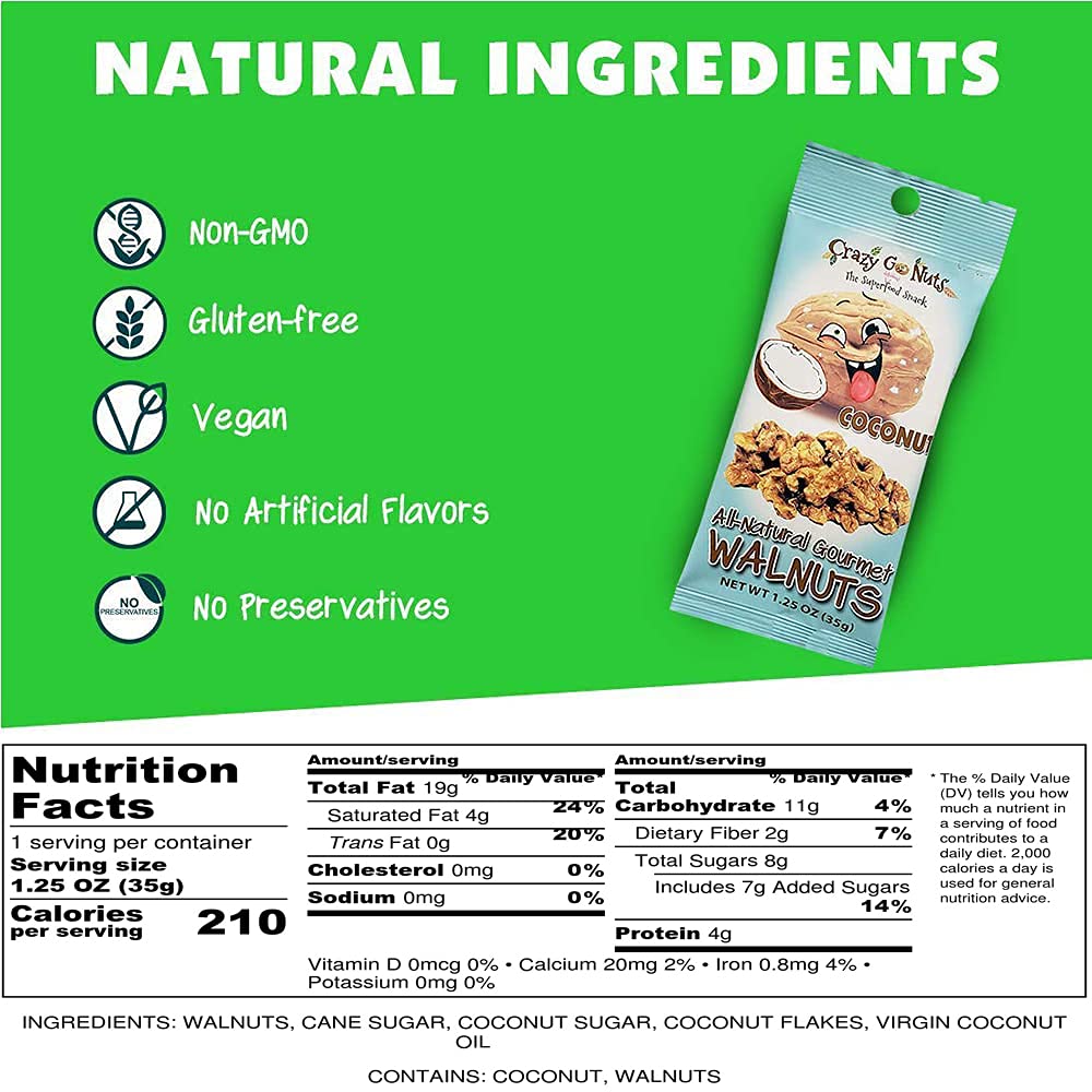 Premium Organic Walnuts with Coconut - 1.25 oz (12-Pack) | Vegan, Gluten-Free, Non-GMO Superfood Snack | Rich in Omega-3, ALA & Antioxidants | Healthy On-the-Go Snacking for Work, Travel & Fitness