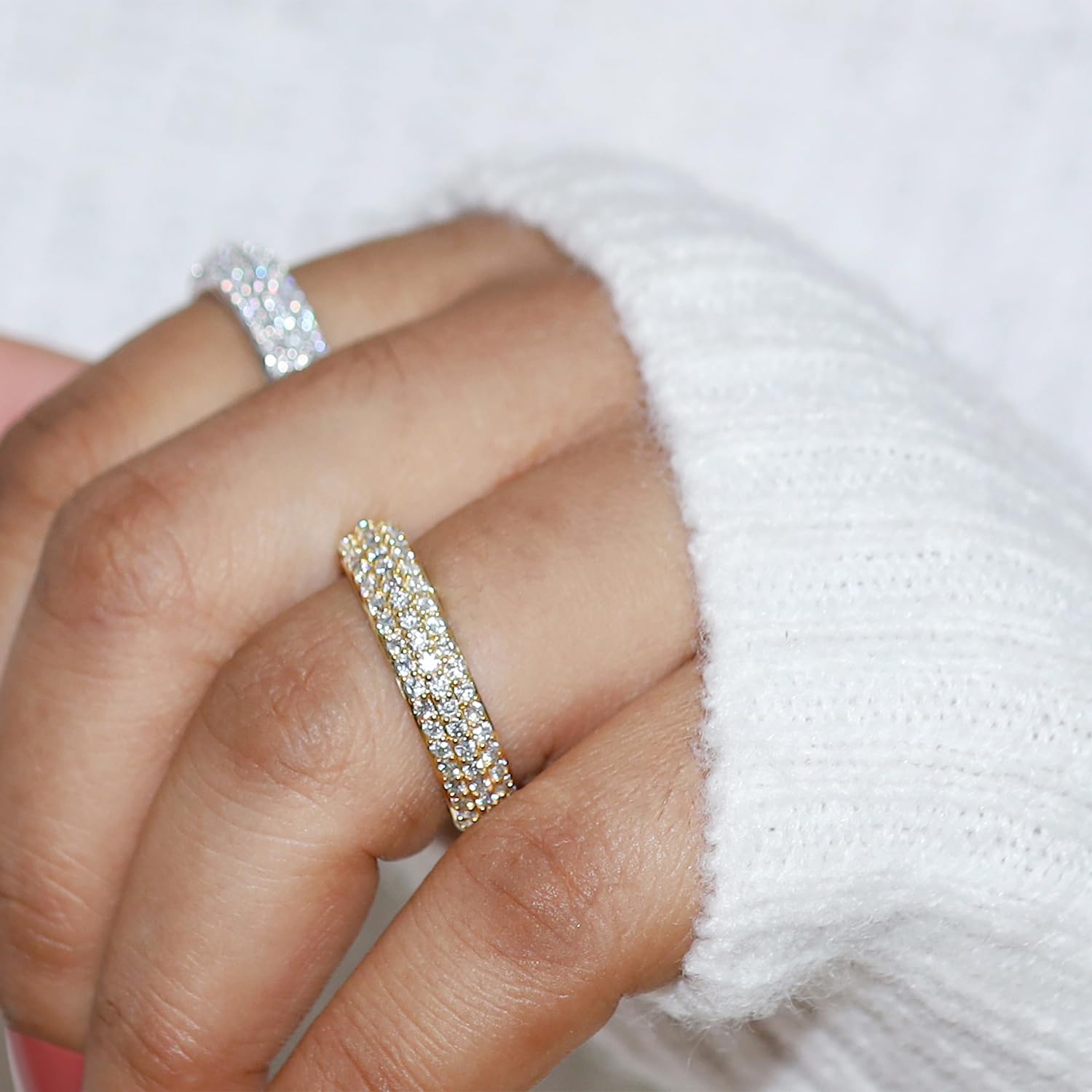 1.00 Carat Round Lab Created Moissanite & Lab Grown Diamond 3 Row Eternity Wedding Band Ring for Women - 14K Gold Over Sterling Silver (VS-SI Clarity) | Anniversary Gift, Engagement Ring, Bridal Jewelry