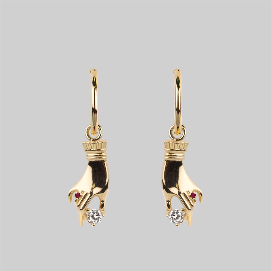 MILDRED. Gold Disembodied Hand Hoop Earrings - Gothic Jewelry for Halloween, Cosplay, and Alternative Fashion