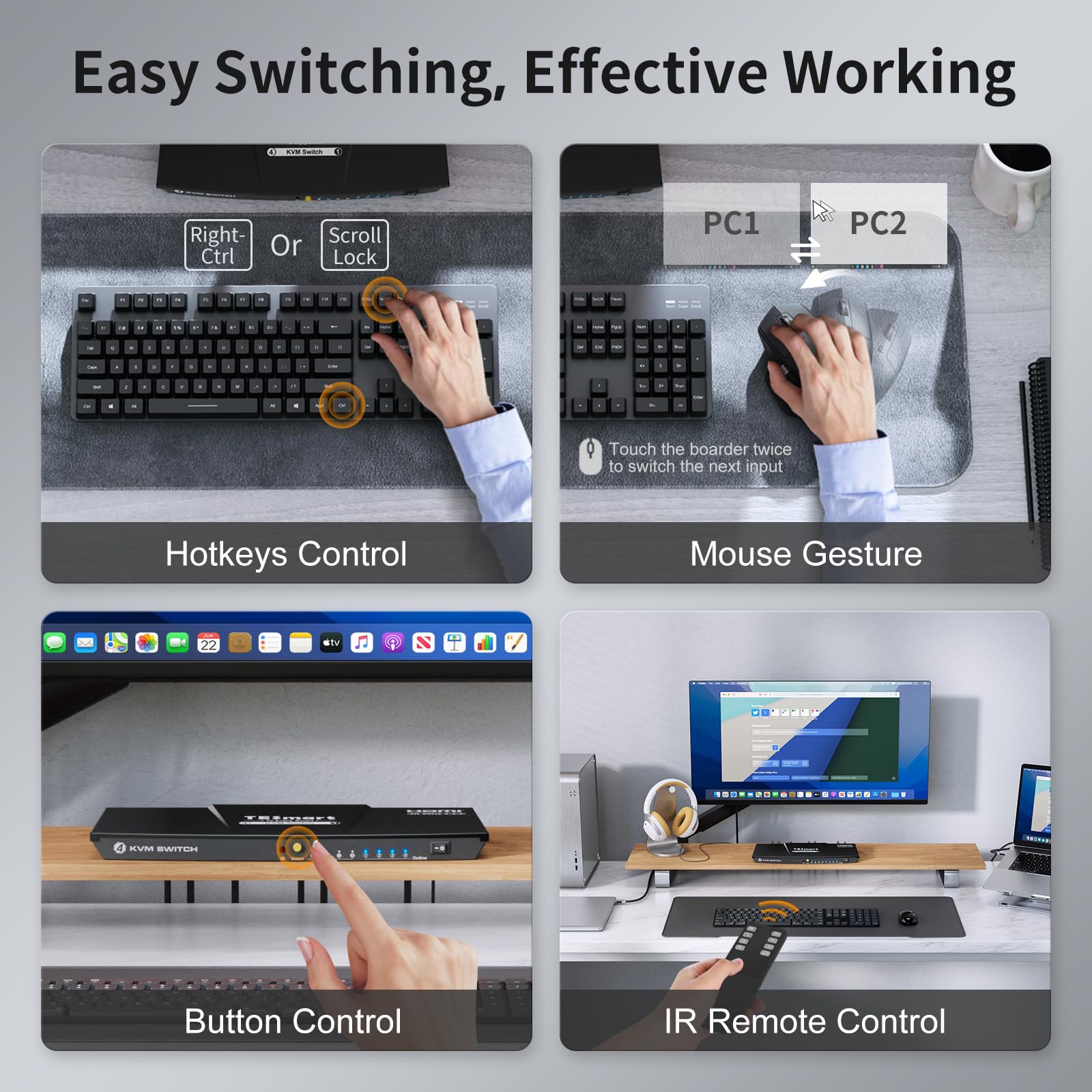 TESmart 4 Port HDMI KVM Switch - 4K@60Hz 4-in-1 Monitor Sharing for 4 Computers, EDID Emulator, USB 2.0 for Printer/Scanner, Audio Output with 1.5M Cables - Perfect for Home Office, Gaming Setup & Multi-PC Workstations